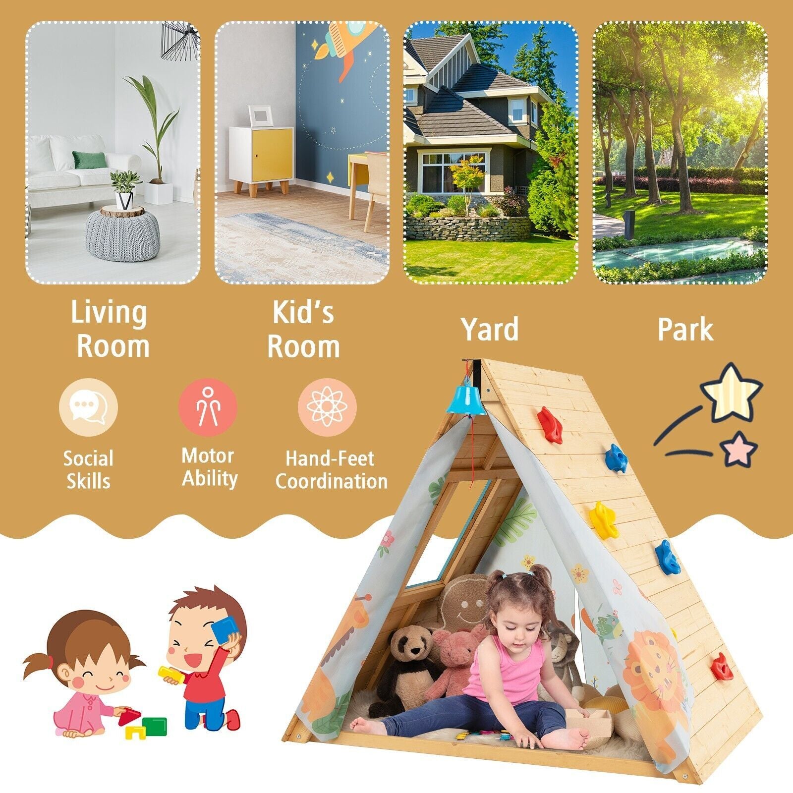 2-In-1 Children Climbing Playhouse with Front Bell and Window