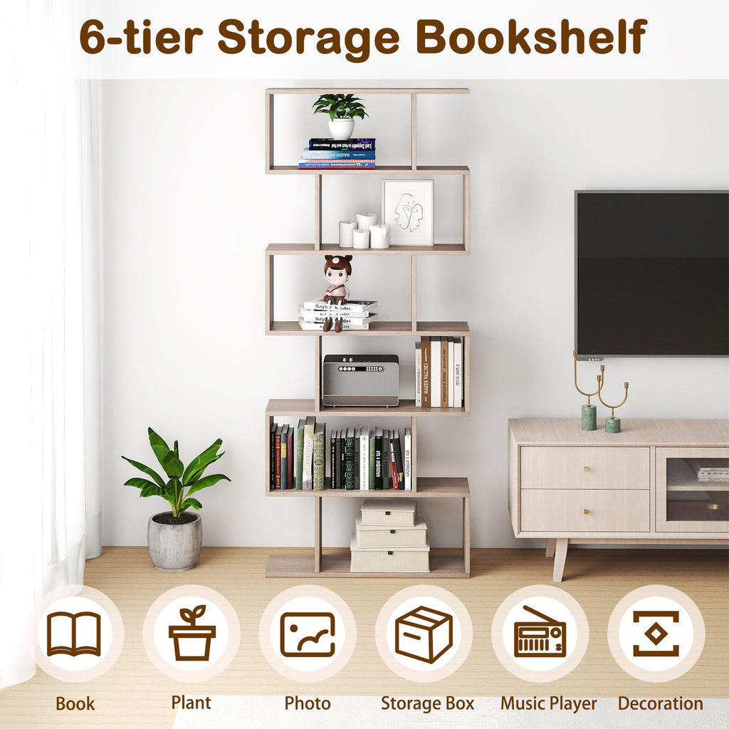 6-Tier S-Shaped Wooden Industrial Bookshelf