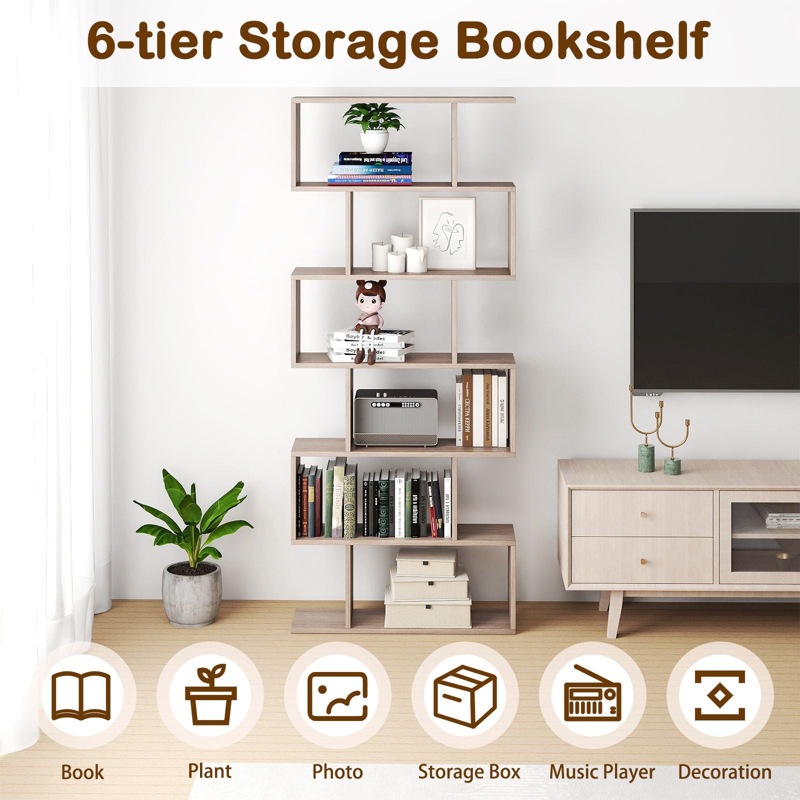 6-Tier S-Shaped Wooden Industrial Bookshelf