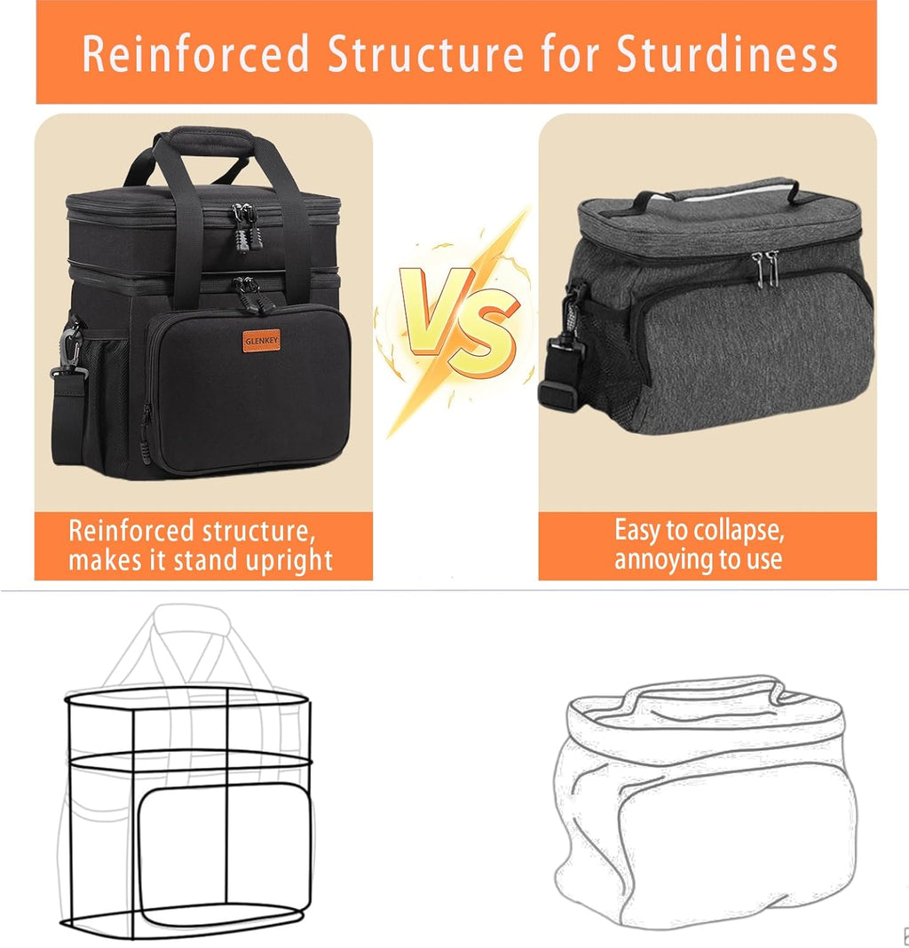 Expandable Insulated Large Lunch Box, Double Deck Heavy Duty Durable Lunch Bag Leakproof Cooler Bags for Men Women Adults Work Shift Flight Beach Daytrip, 20 Can, Black,