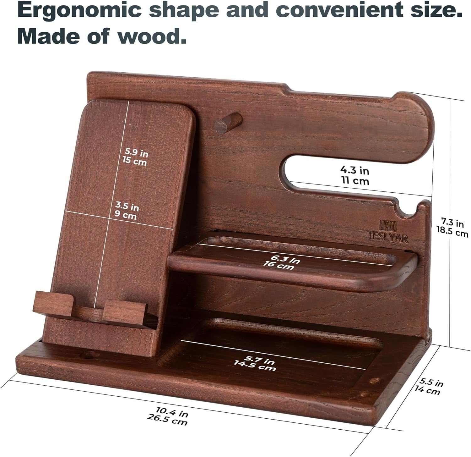 Gifts for Men Wood Phone Docking Station – Solid Ash Nightstand Organizer with Key Holder, Wallet & Watch Stand, Wooden Desk Organizer for Husband Boyfriend Dad Birthday Gift (Brown)