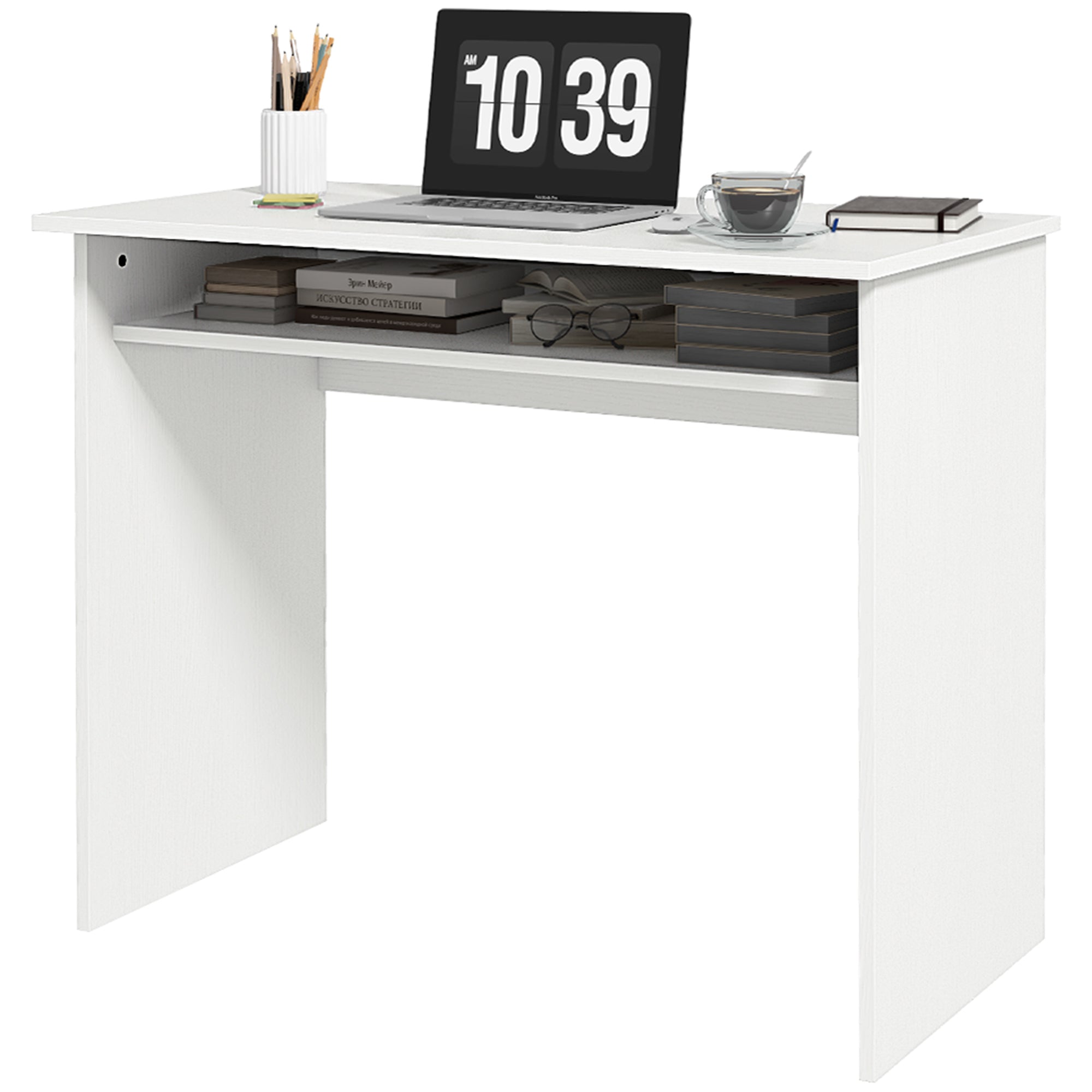 Writing Desk Laptop Table Workstation with Shelf Home Office High Gloss White