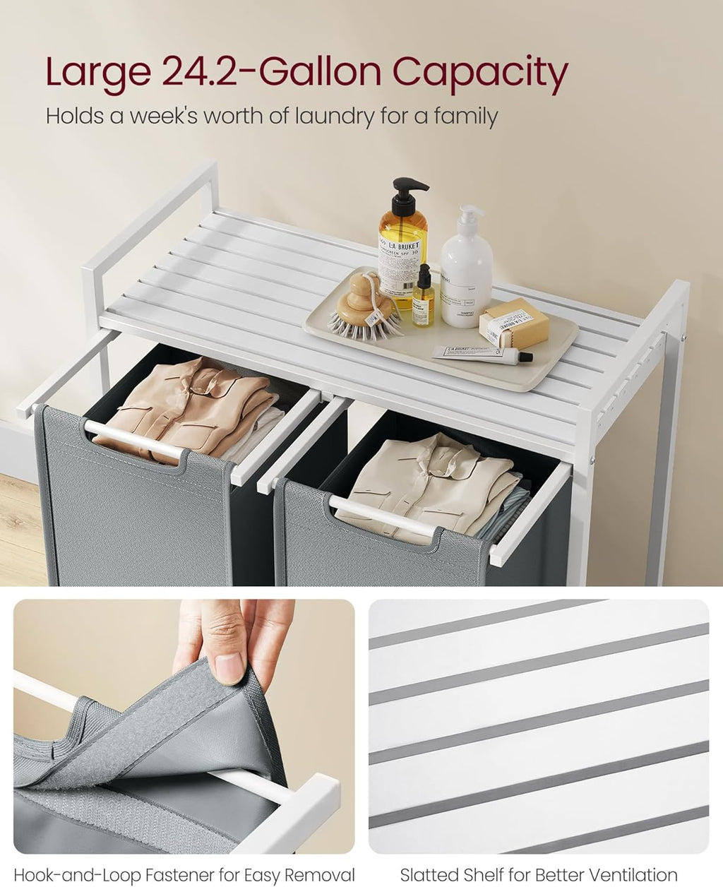Laundry Hamper, Laundry Basket, Laundry Sorter with 2 Pull-Out and Removable Bags, Shelf, Metal Frame, 2 X 12.1 Gallons (46 L), 28.8 X 13 X 28.4 Inches, Slate Gray and Cloud White UBLH201W11