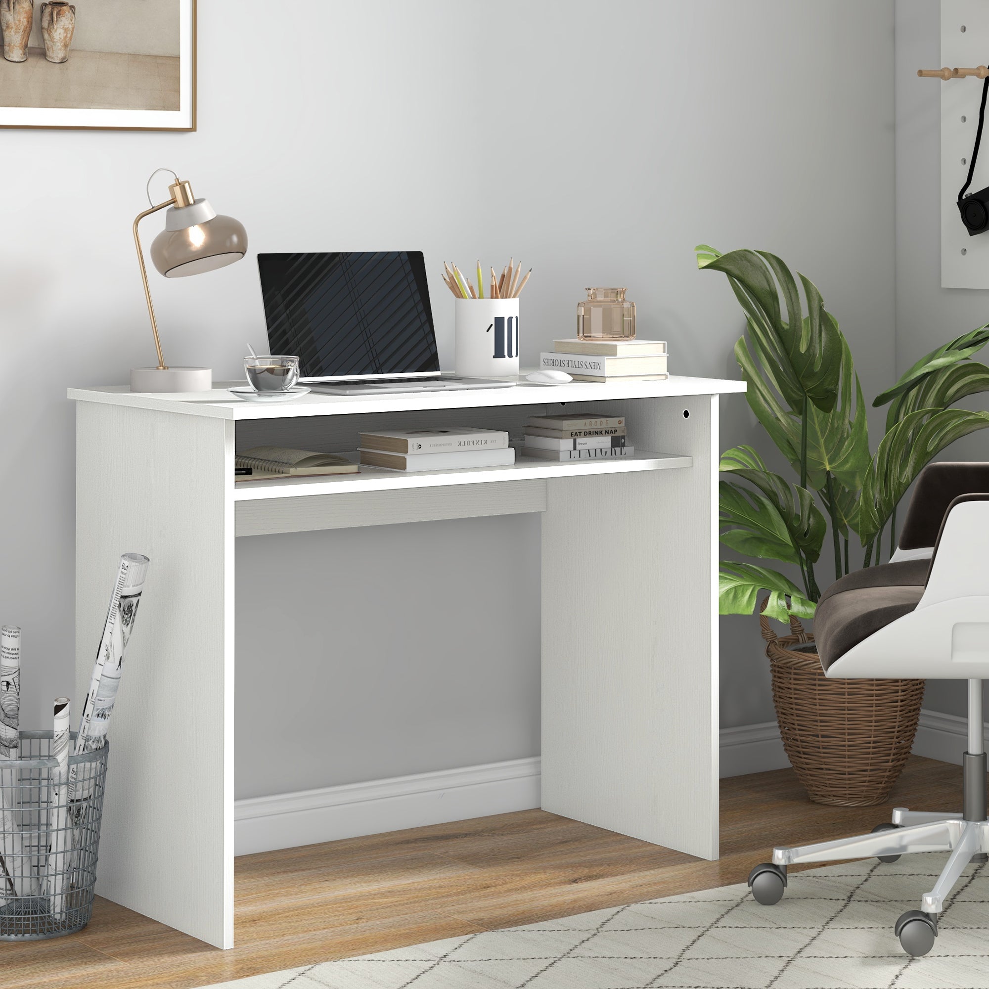 Writing Desk Laptop Table Workstation with Shelf Home Office High Gloss White