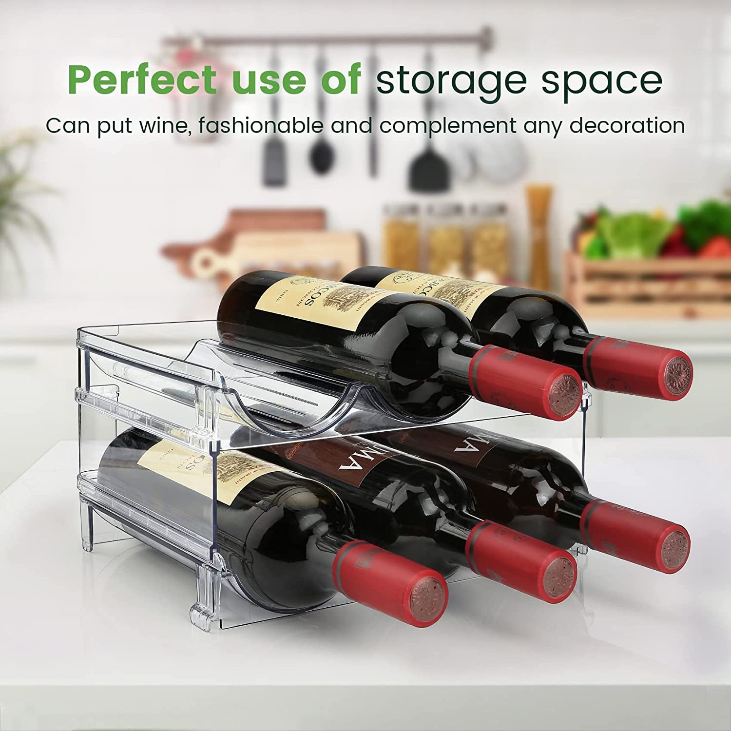 Water Bottle Organizer, 2 Packs, Clear Lucite, Stackable, Space Saving Plastic, Easy to Install, Countertop Mounting