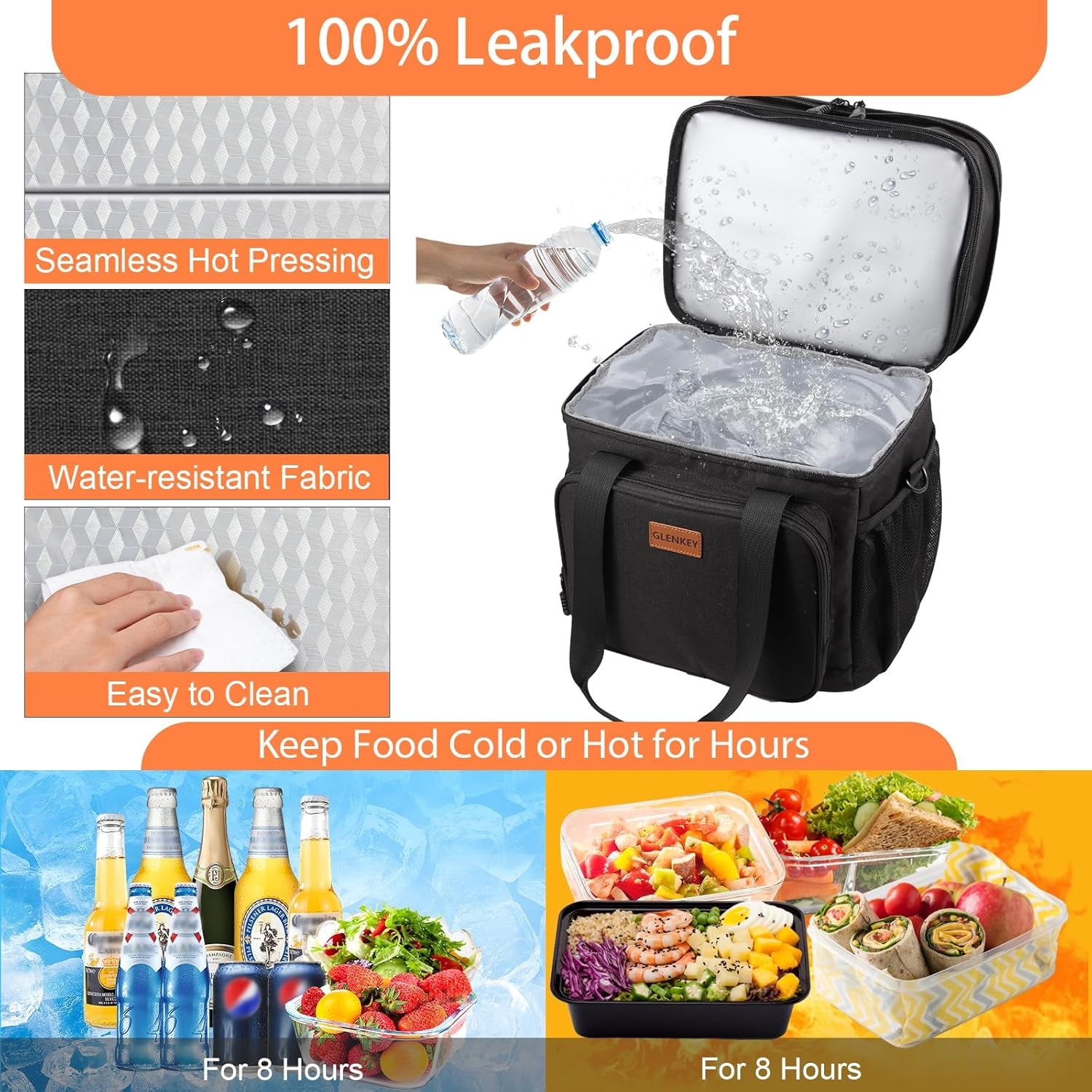 Expandable Insulated Large Lunch Box, Double Deck Heavy Duty Durable Lunch Bag Leakproof Cooler Bags for Men Women Adults Work Shift Flight Beach Daytrip, 20 Can, Black,