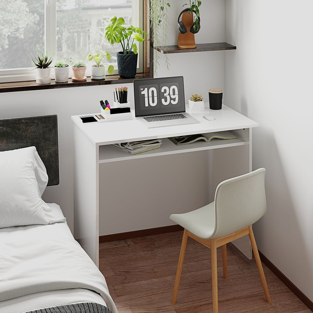 Writing Desk Laptop Table Workstation with Shelf Home Office High Gloss White