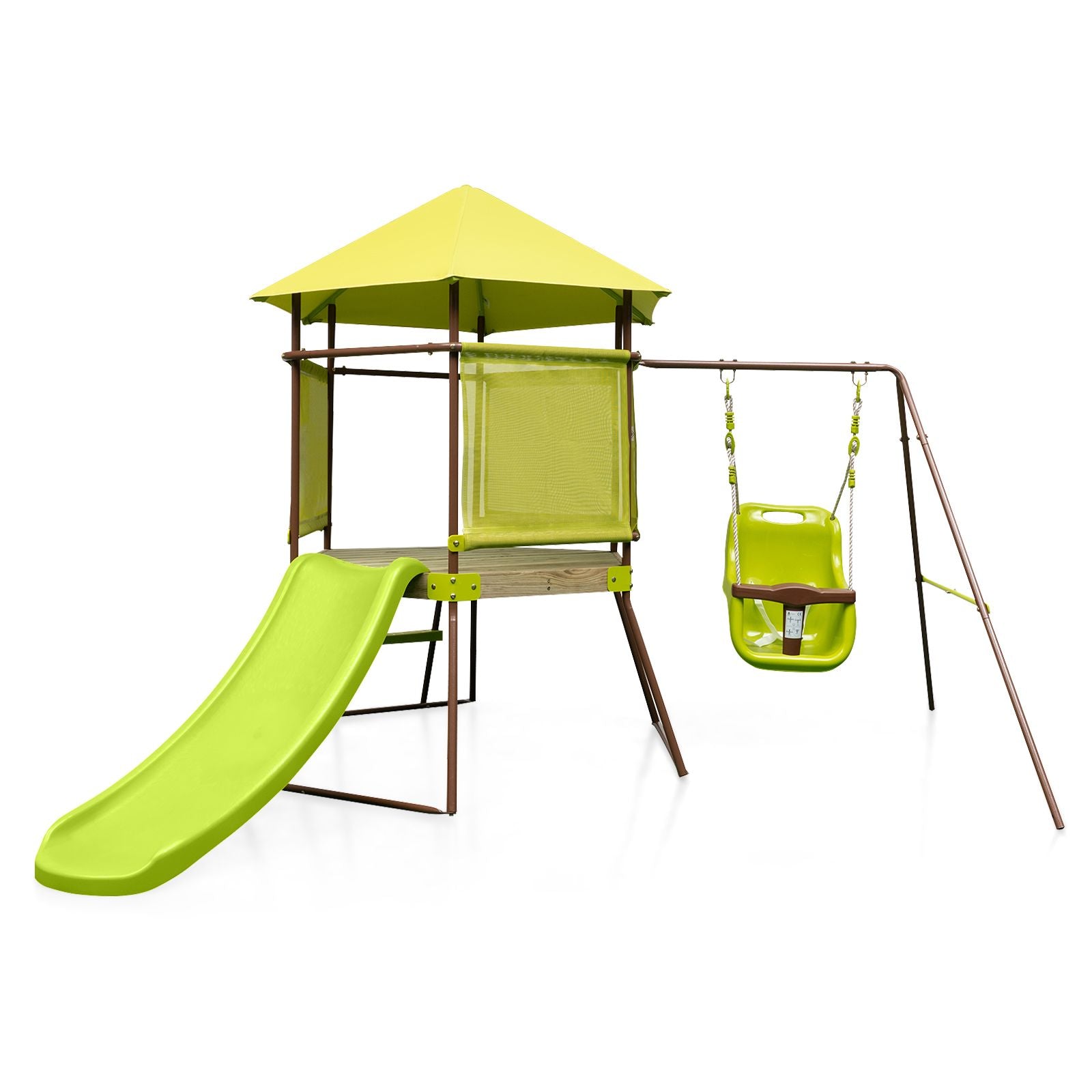 4-In-1 Swing Set with Height Adjustable Baby Seat, Metal Stand and Ground Stakes