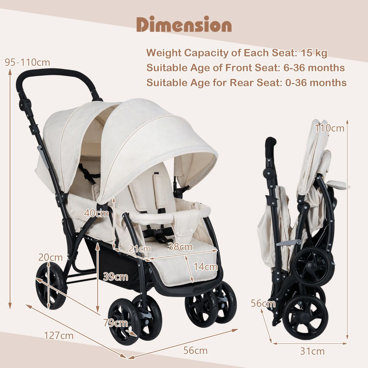 Double Pushchair with Adjustable Backrest and Sunshade