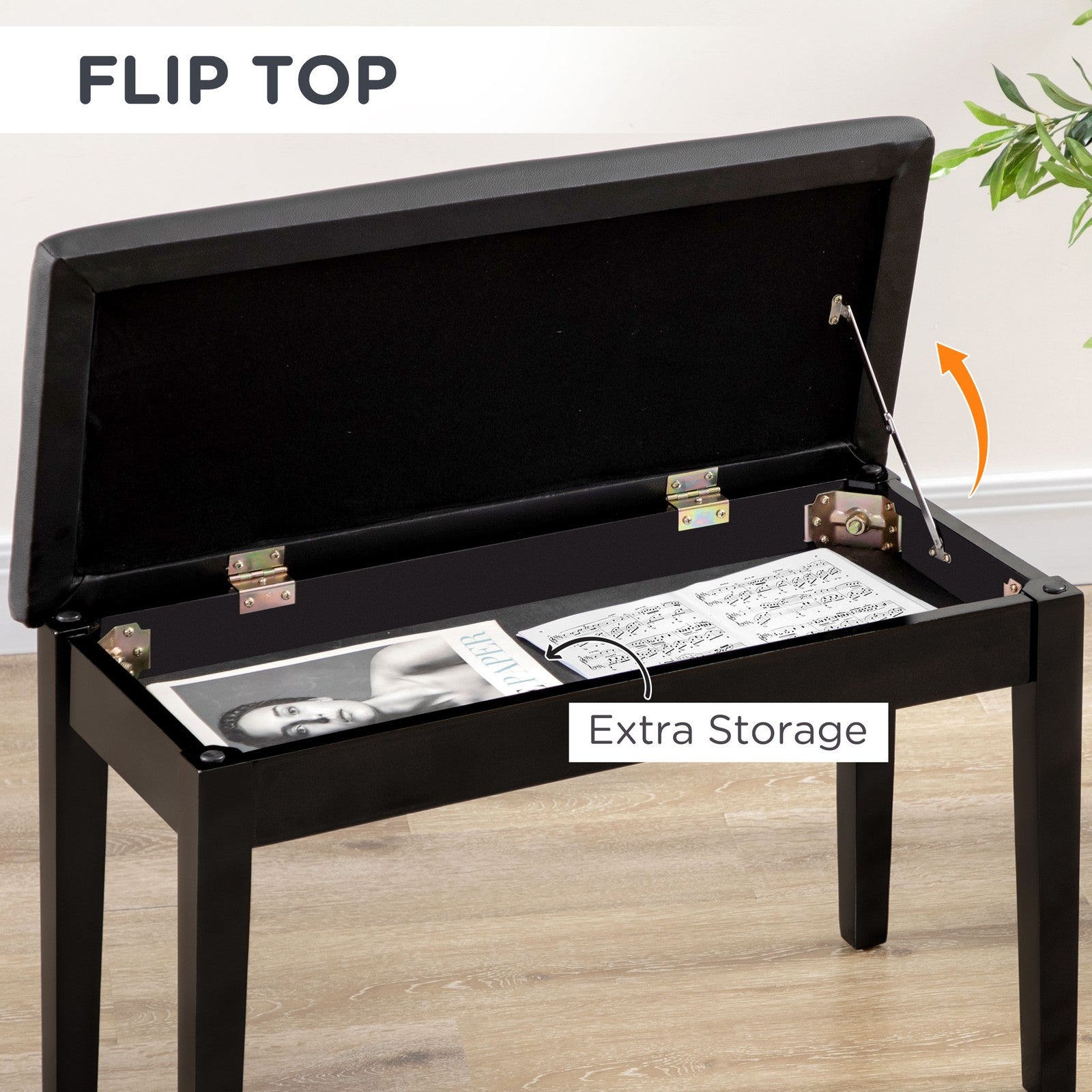 Classic Piano Bench Stool, PU Leather Keyboard Seat Rubber Wood Legs Black