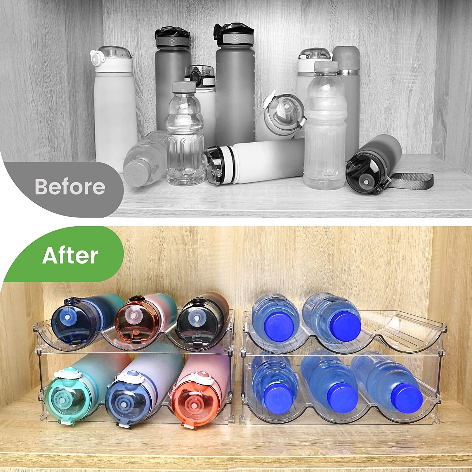 Water Bottle Organizer, 2 Packs, Clear Lucite, Stackable, Space Saving Plastic, Easy to Install, Countertop Mounting
