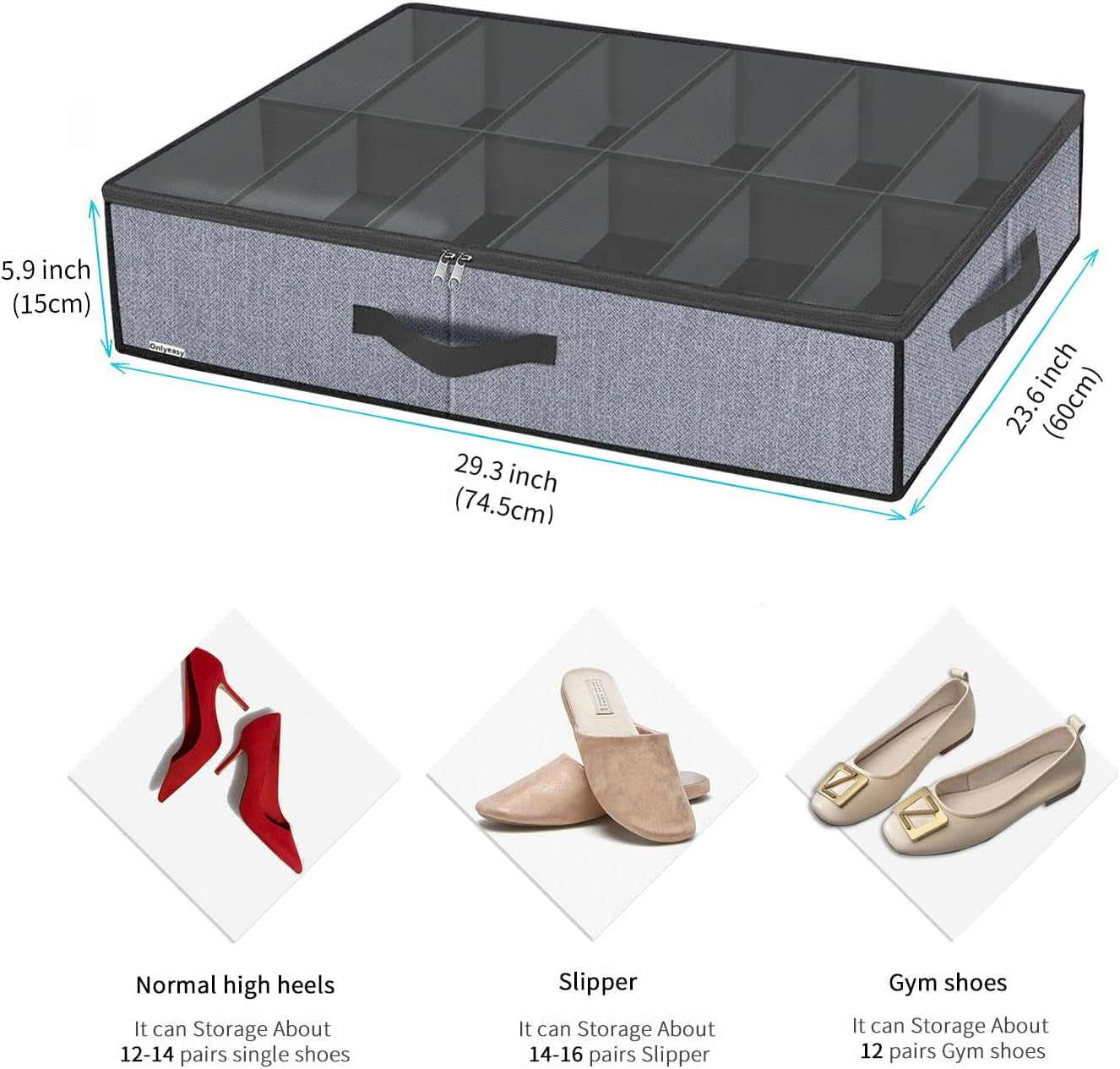 Large under Bed Shoe Organizer (6 to 12 Pairs X 2) - Underbed Shoes Closet Storage Solution with Metal Zipper and 2 Handles, Breathable, 29.3"X23.6"X5.9", Linen-Like Grey, MXDUBSB2P