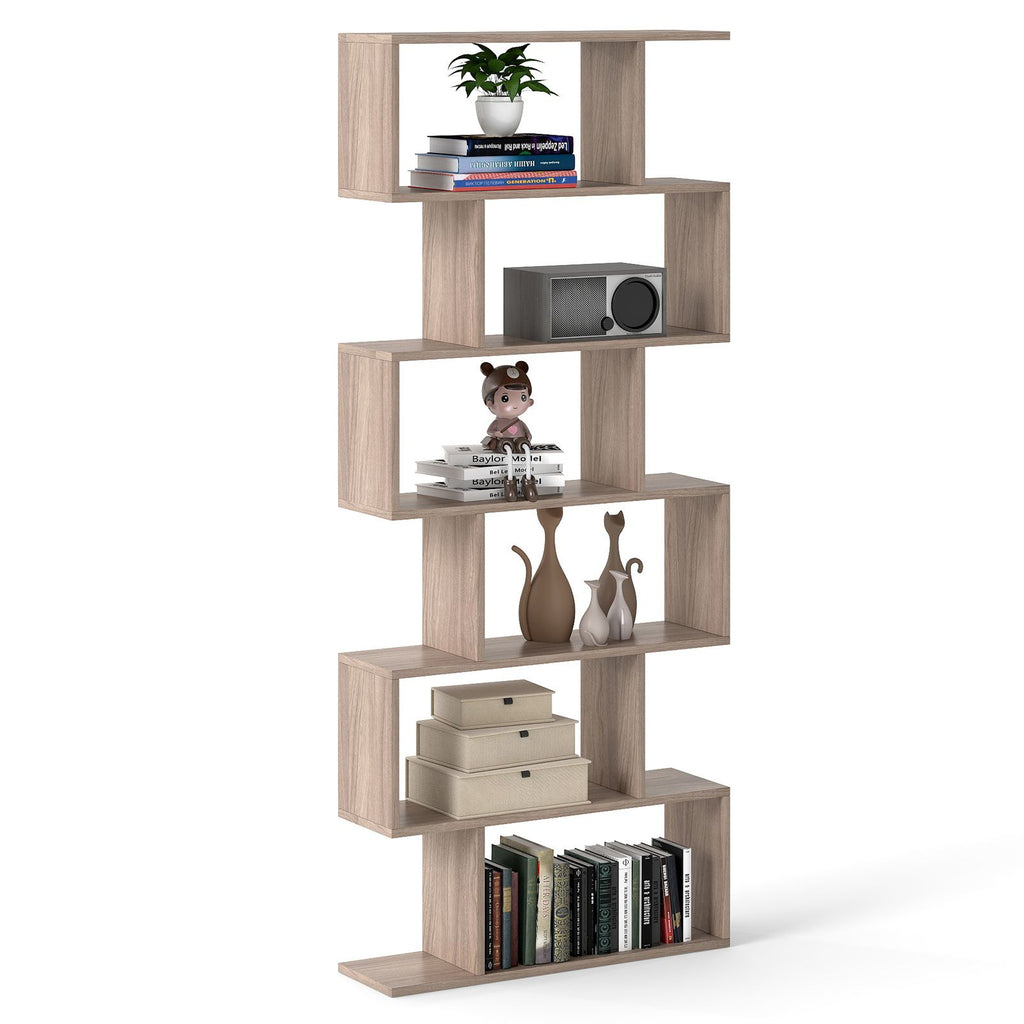 6-Tier S-Shaped Wooden Industrial Bookshelf