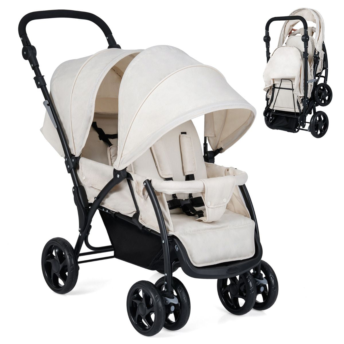 Double Pushchair with Adjustable Backrest and Sunshade