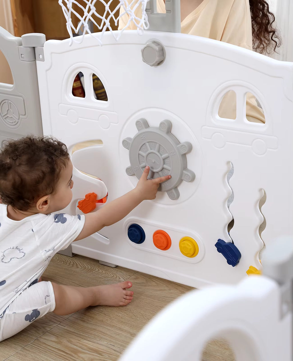 Foldable Baby Playpen with Basketball Hoop & 50Pcs Coloured Pit Balls, Toddler and Baby Play Pen Fence, 14-Panel