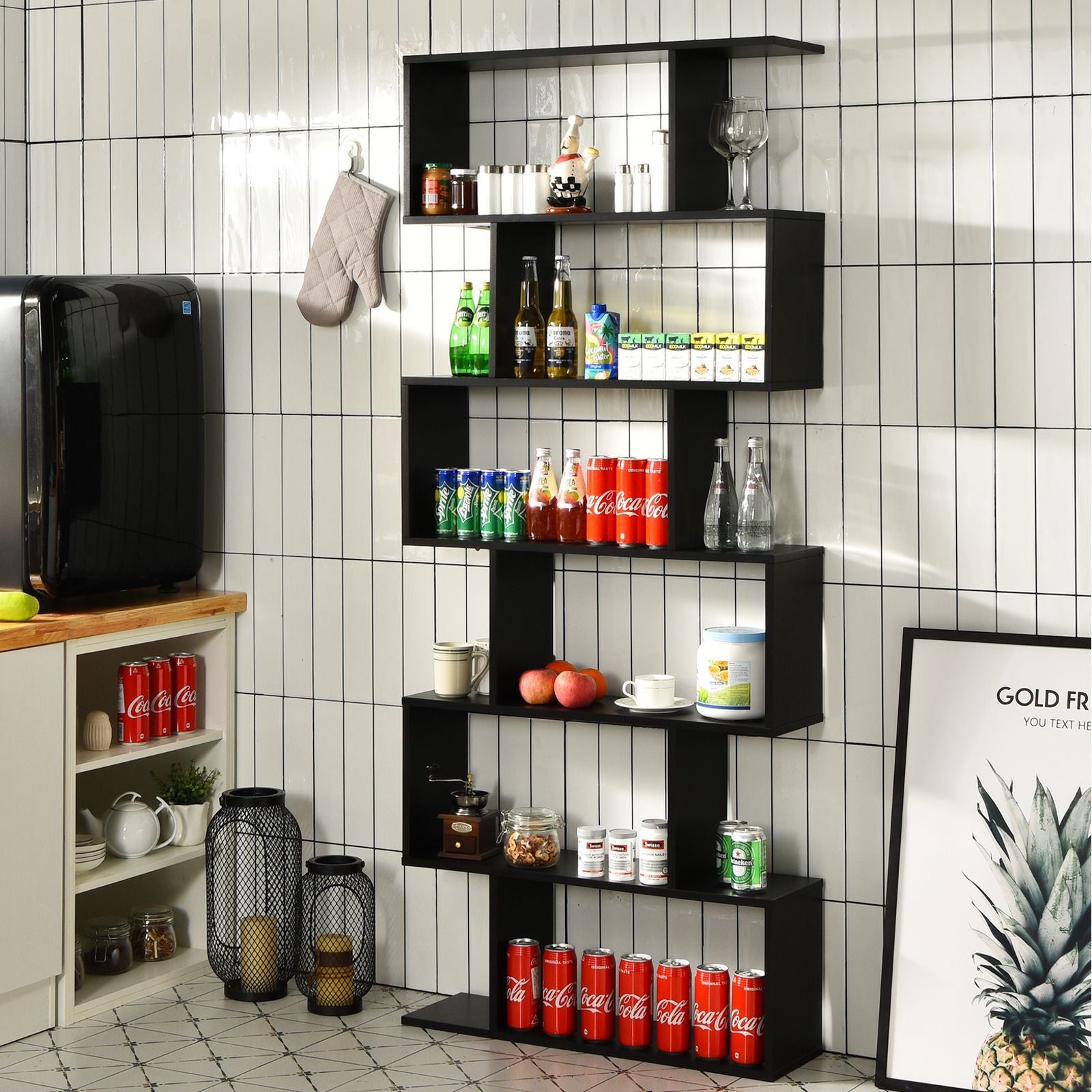 6-Tier S-Shaped Wooden Industrial Bookshelf