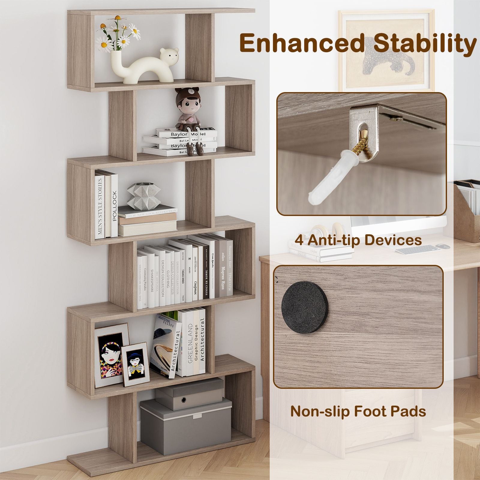 6-Tier S-Shaped Wooden Industrial Bookshelf