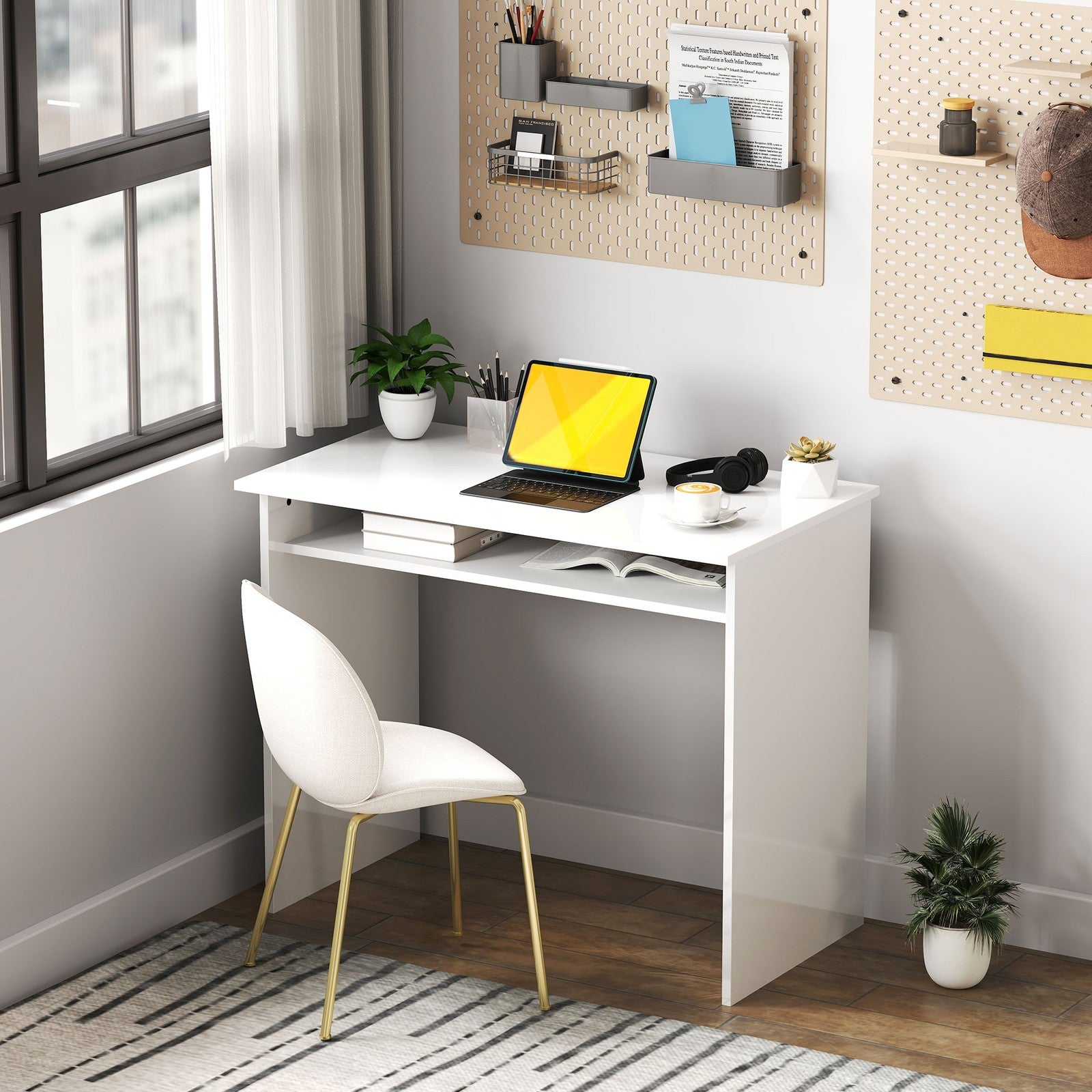 Writing Desk Laptop Table Workstation with Shelf Home Office High Gloss White
