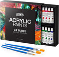 ACRYLIC PAINT SET TUBE 24 X 12ML, 3 FREE BRUSHES PERFECT for CANVAS WOOD CERAMIC