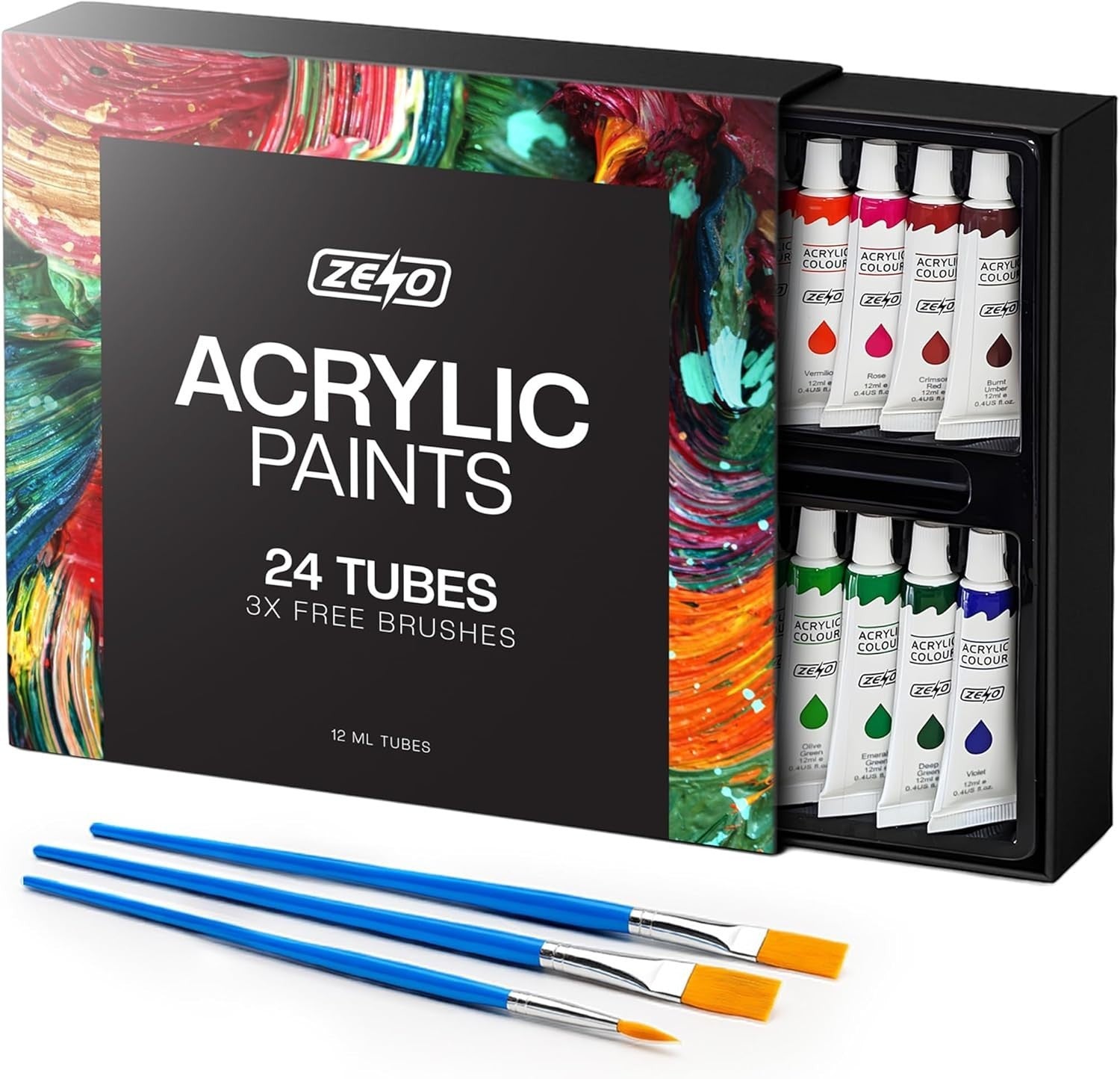 ACRYLIC PAINT SET TUBE 24 X 12ML, 3 FREE BRUSHES PERFECT for CANVAS WOOD CERAMIC