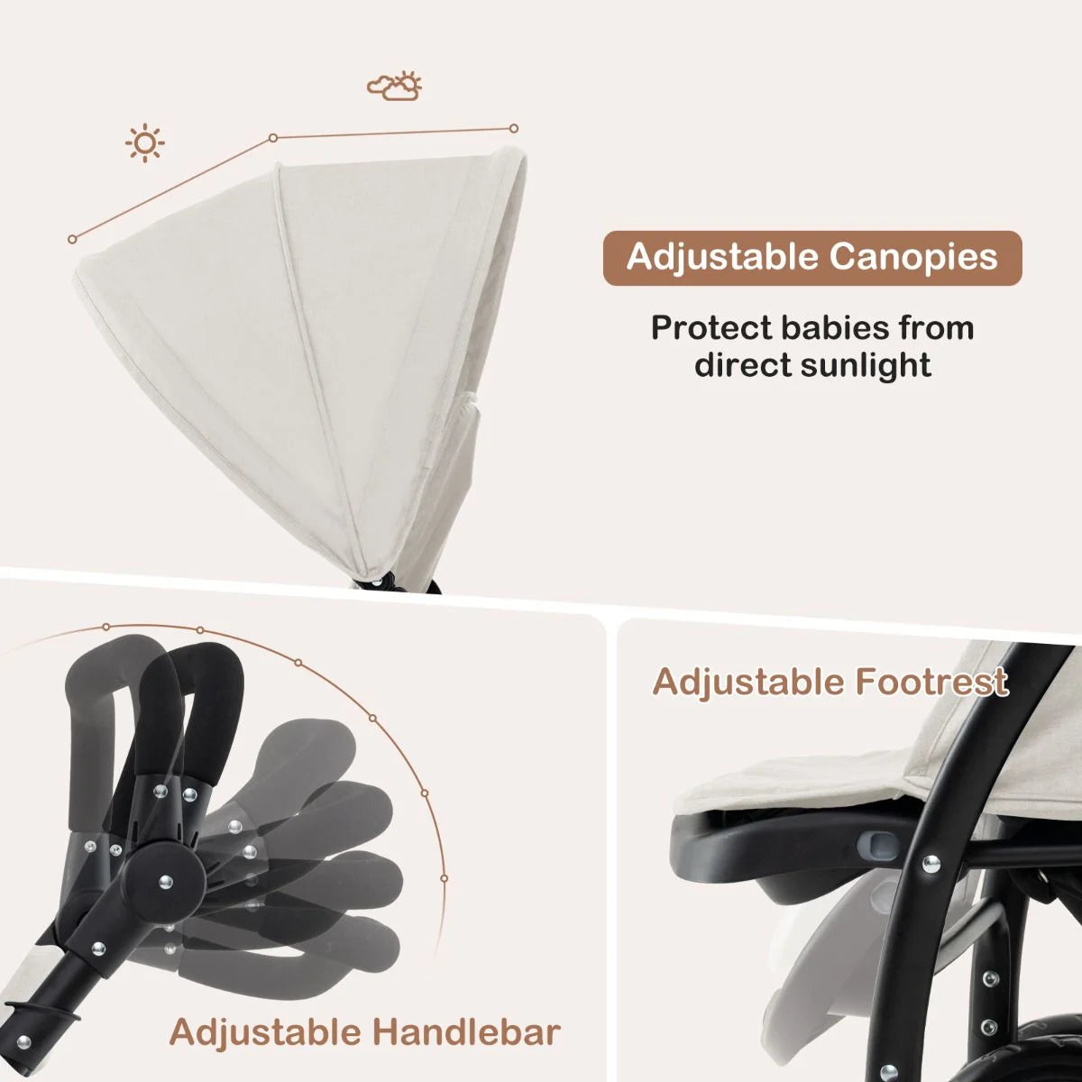 Double Pushchair with Adjustable Backrest and Sunshade