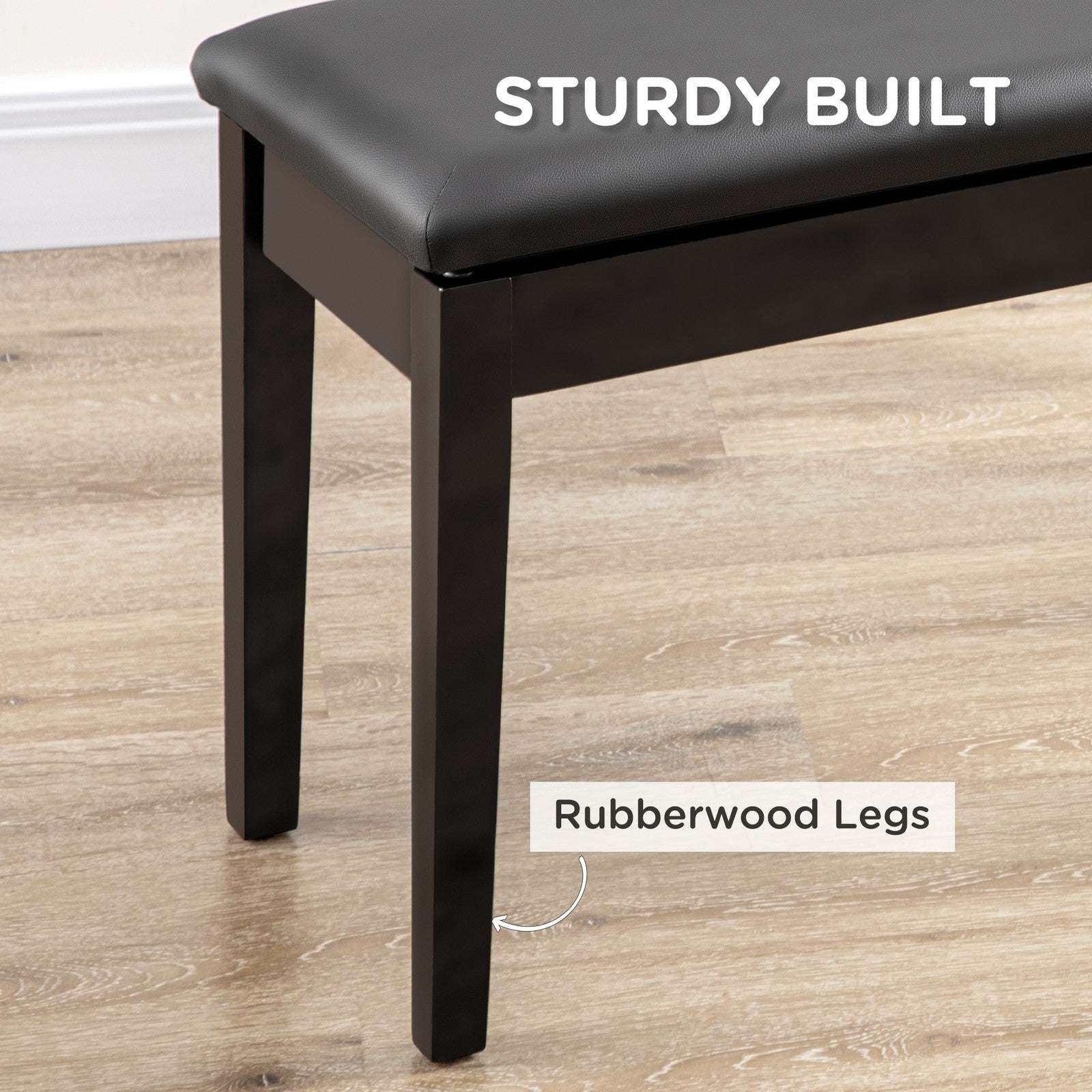 Classic Piano Bench Stool, PU Leather Keyboard Seat Rubber Wood Legs Black