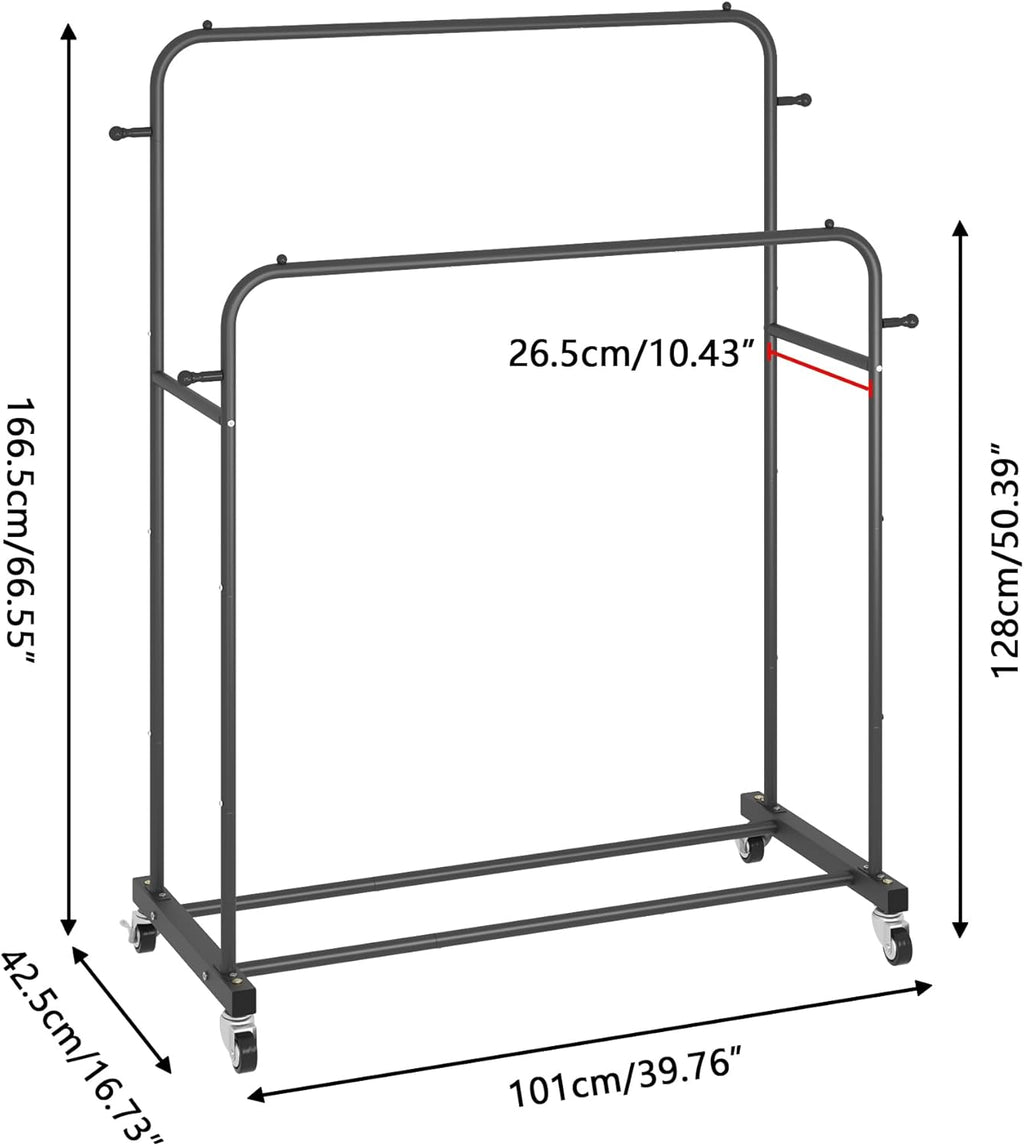 Double Rods Garment Rack with Wheels, Black, 4 Hooks, Multi-Functional Bedroom Clothes Rack, Portable, Modern, Metal, Require Assembly