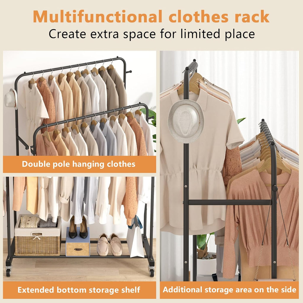 Double Rods Garment Rack with Wheels, Black, 4 Hooks, Multi-Functional Bedroom Clothes Rack, Portable, Modern, Metal, Require Assembly