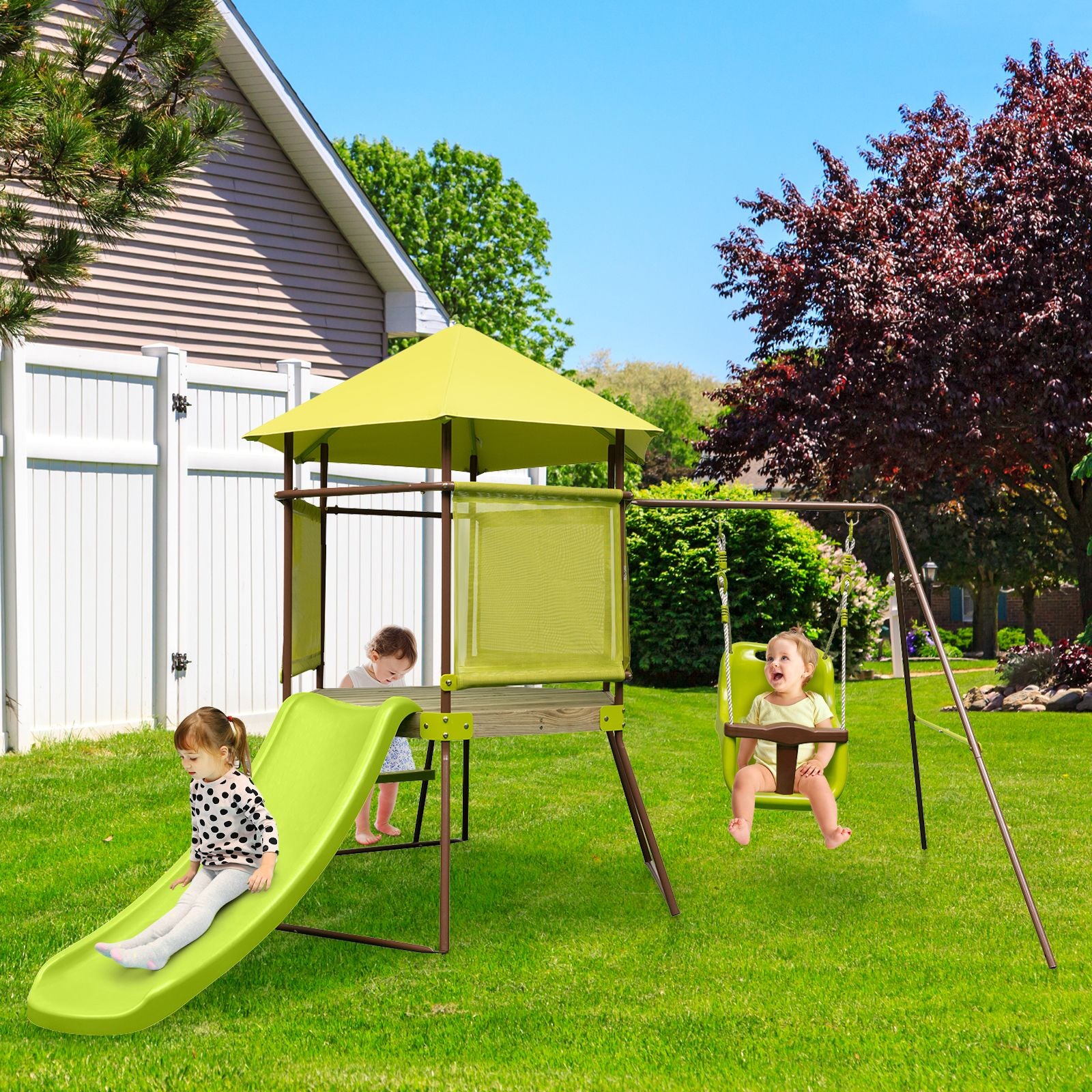 4-In-1 Swing Set with Height Adjustable Baby Seat, Metal Stand and Ground Stakes