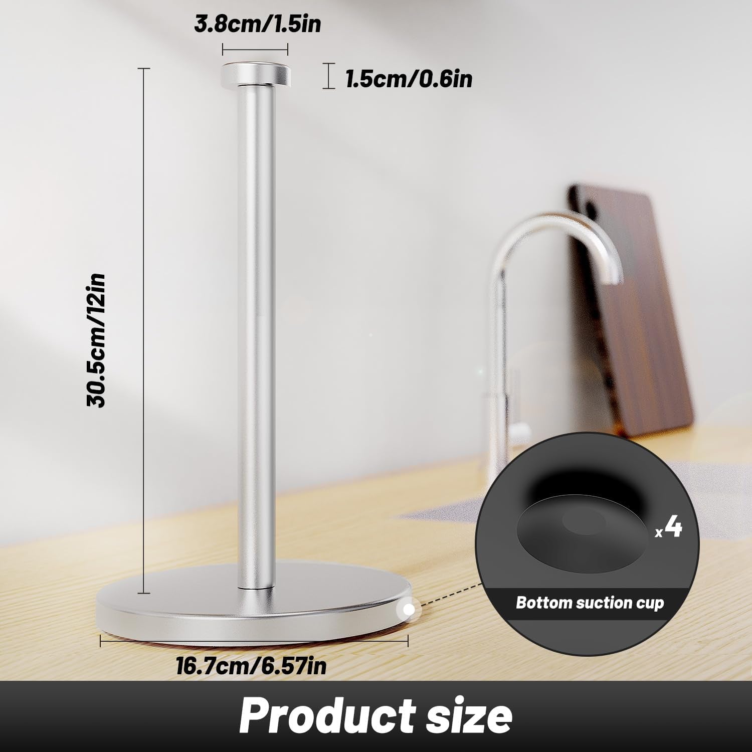 Kitchen Roll Holder Free Standing, Stainless Steel Paper Towel Holder with Suction Cups, Waterproof and Rustproof Kitchen Towel Holder, Suit for Cook House, Bathroom,Outdoor(Silver)