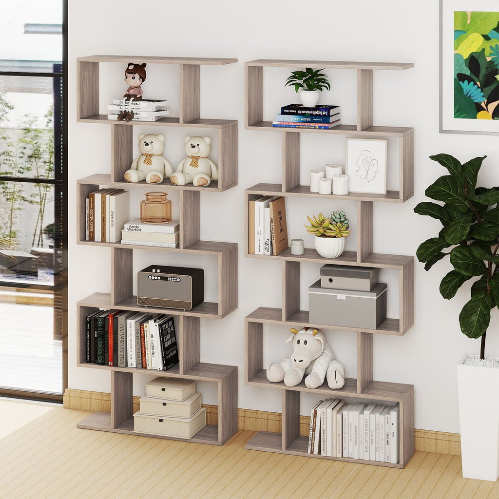 6-Tier S-Shaped Wooden Industrial Bookshelf