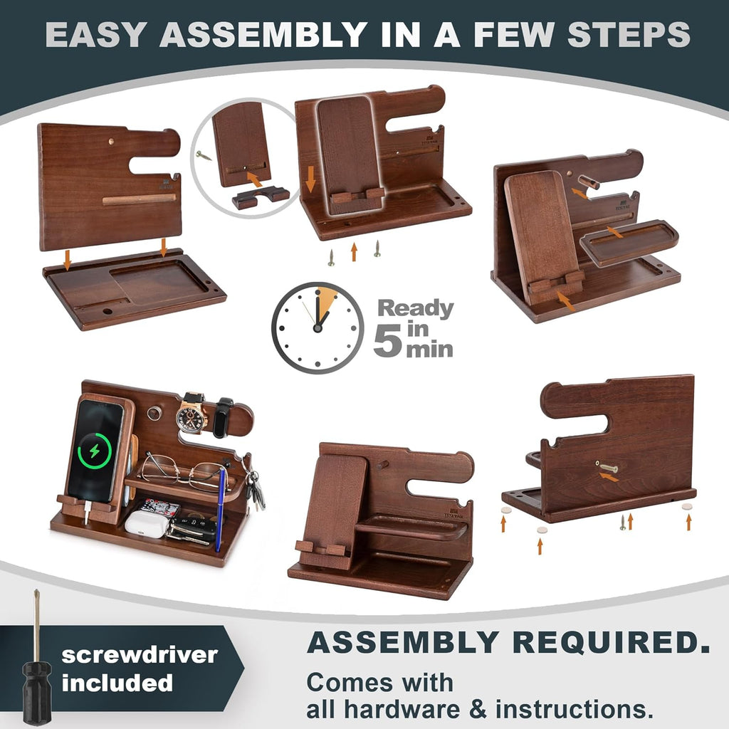 Gifts for Men Wood Phone Docking Station – Solid Ash Nightstand Organizer with Key Holder, Wallet & Watch Stand, Wooden Desk Organizer for Husband Boyfriend Dad Birthday Gift (Brown)