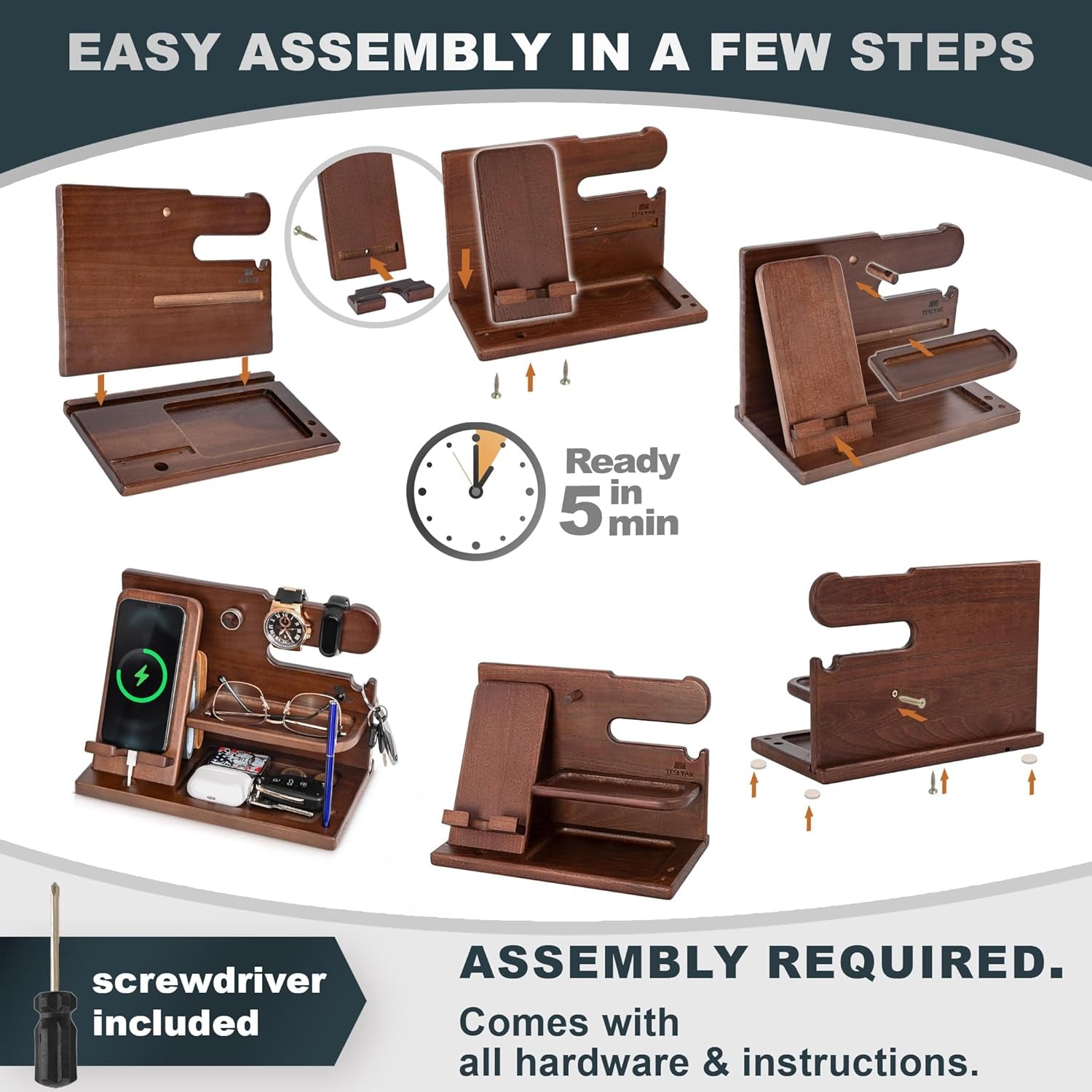 Gifts for Men Wood Phone Docking Station – Solid Ash Nightstand Organizer with Key Holder, Wallet & Watch Stand, Wooden Desk Organizer for Husband Boyfriend Dad Birthday Gift (Brown)