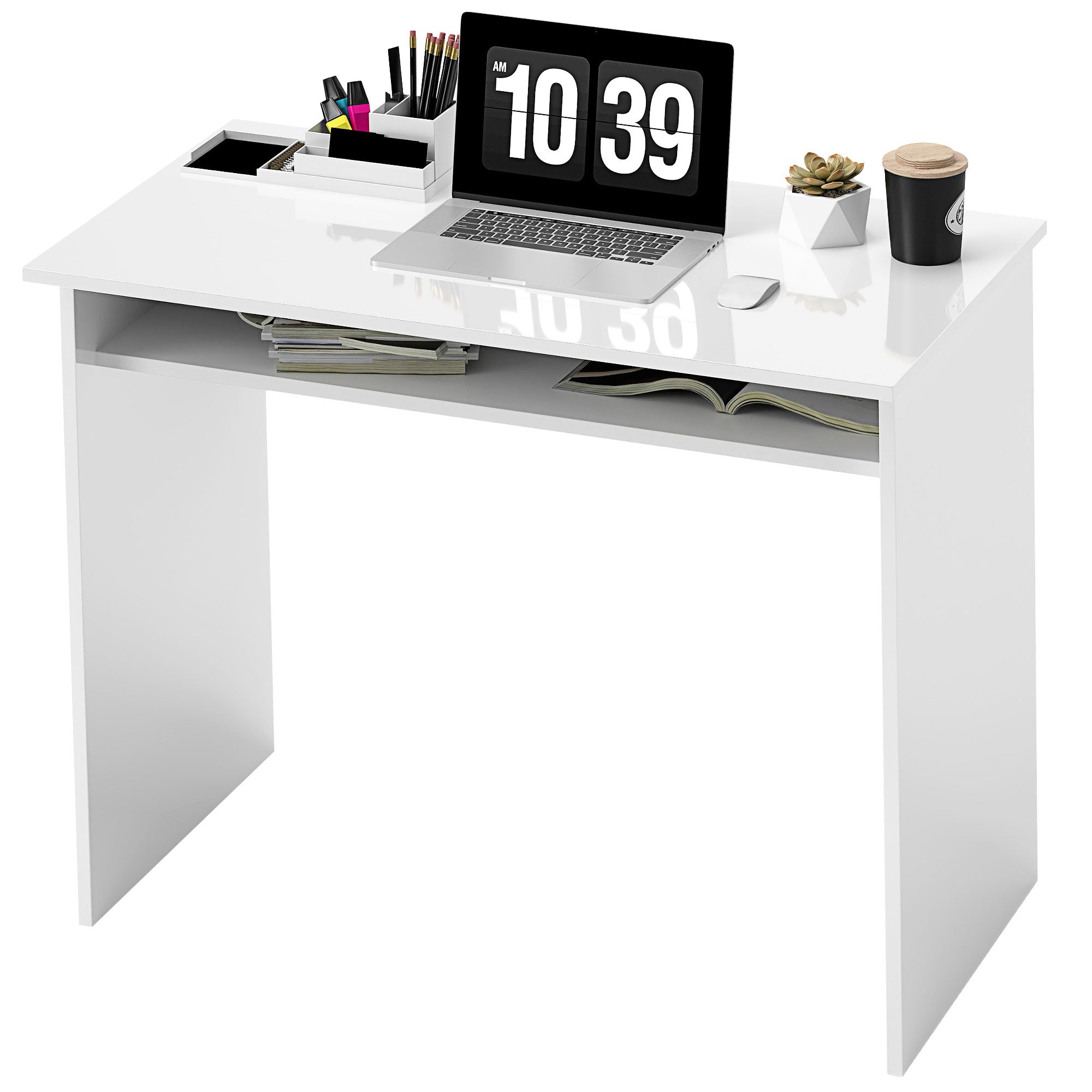 Writing Desk Laptop Table Workstation with Shelf Home Office High Gloss White