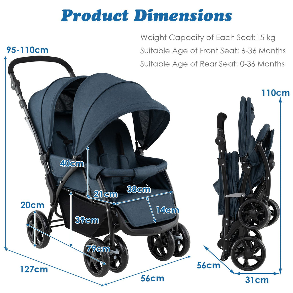 Double Pushchair with Adjustable Backrest and Sunshade