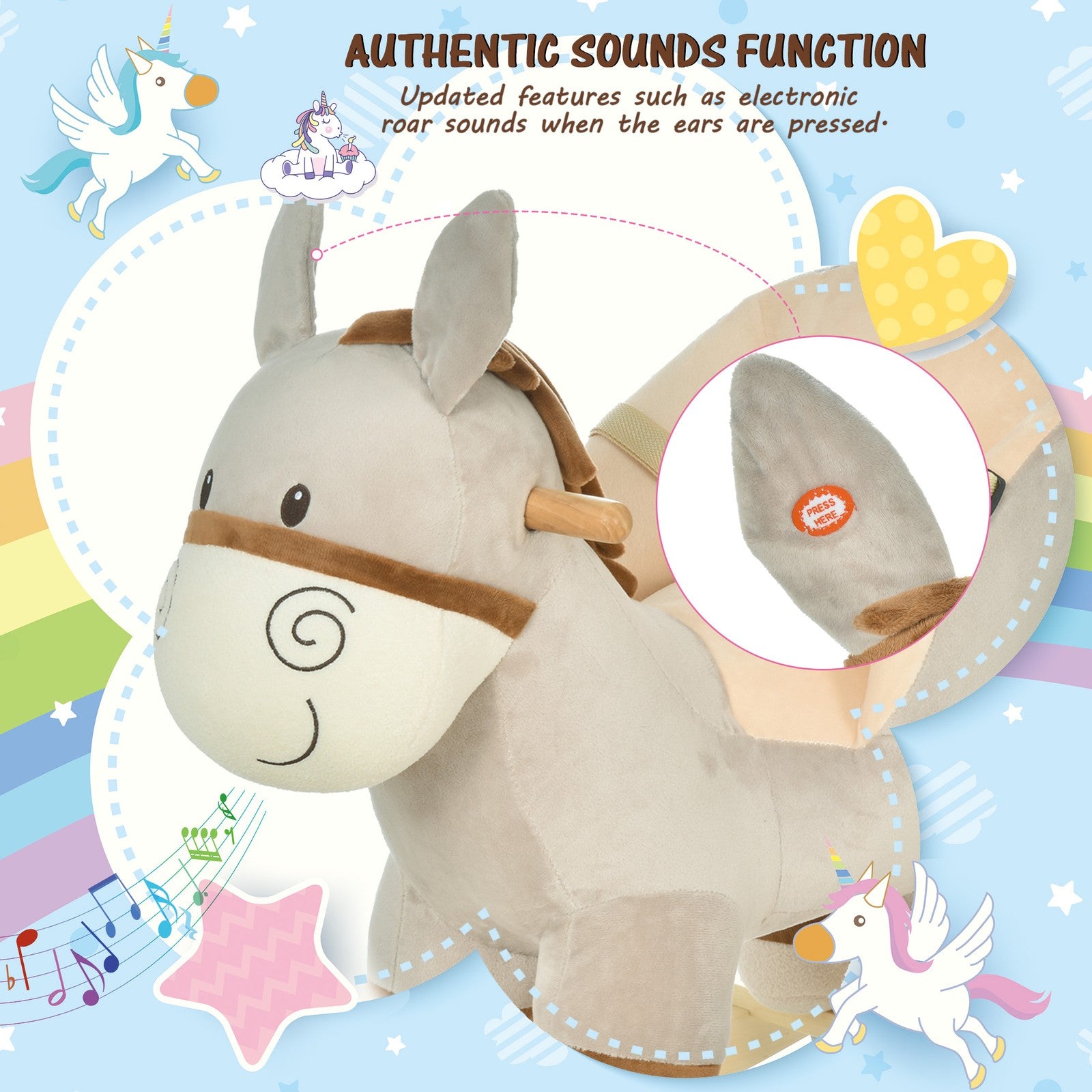 HOMCOM Cute Kids Ride-On Rocking Donkey W/ Sound Handlebars Seat Belt Plush Body