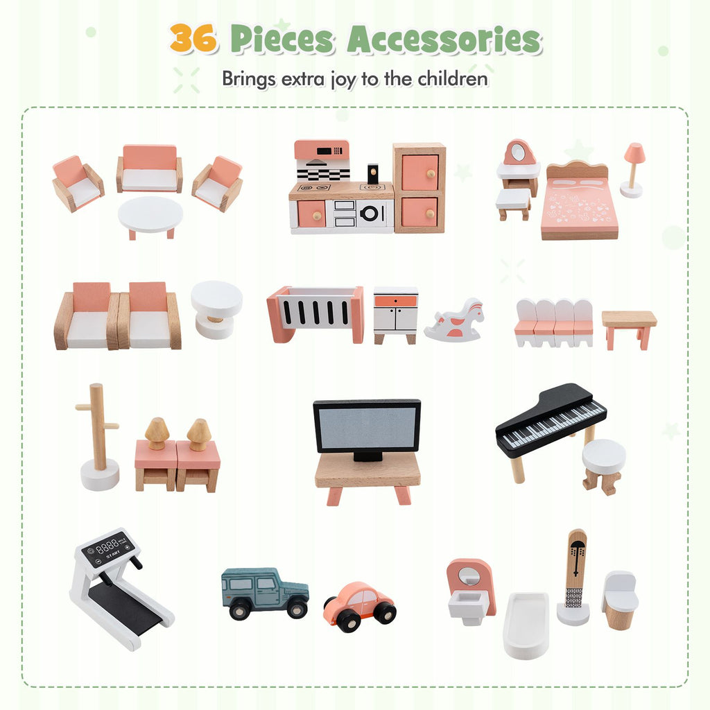 Wooden Dollhouse with 36 Pieces Accessories for Kids