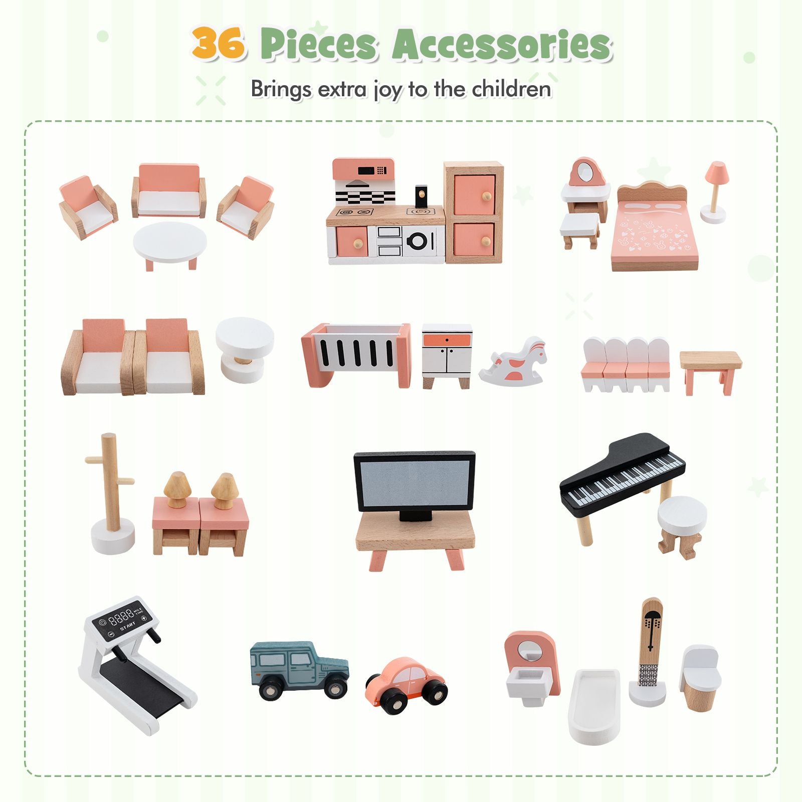 Wooden Dollhouse with 36 Pieces Accessories for Kids
