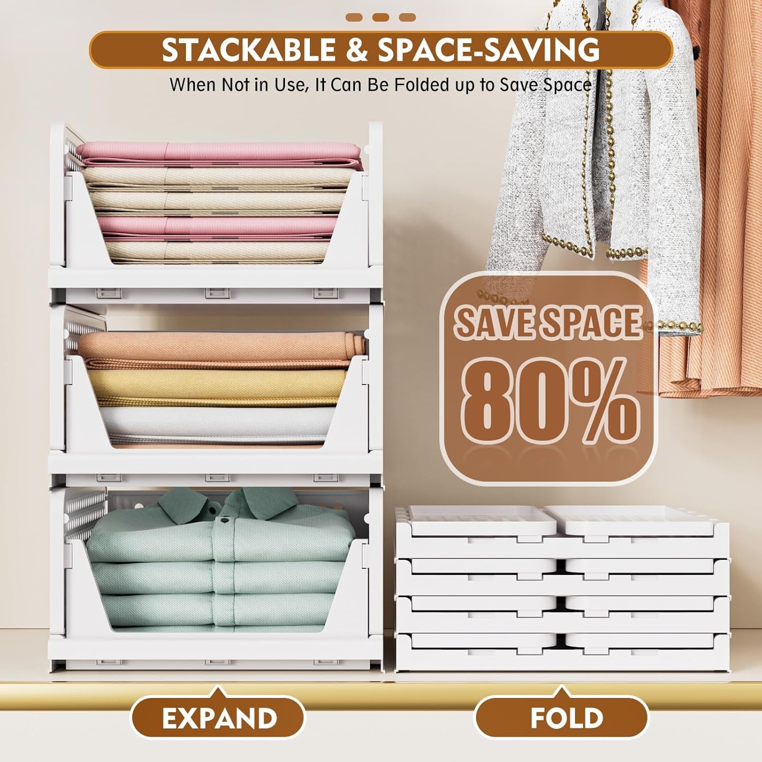 5 Pack Wardrobe Storage Organiser, Stackable & Foldable Closet Organisers for Bedroom Bathroom Laundry Room Wardrobe Storage, Space-Saving Clothes Storage Drawer Organiser Basket, White