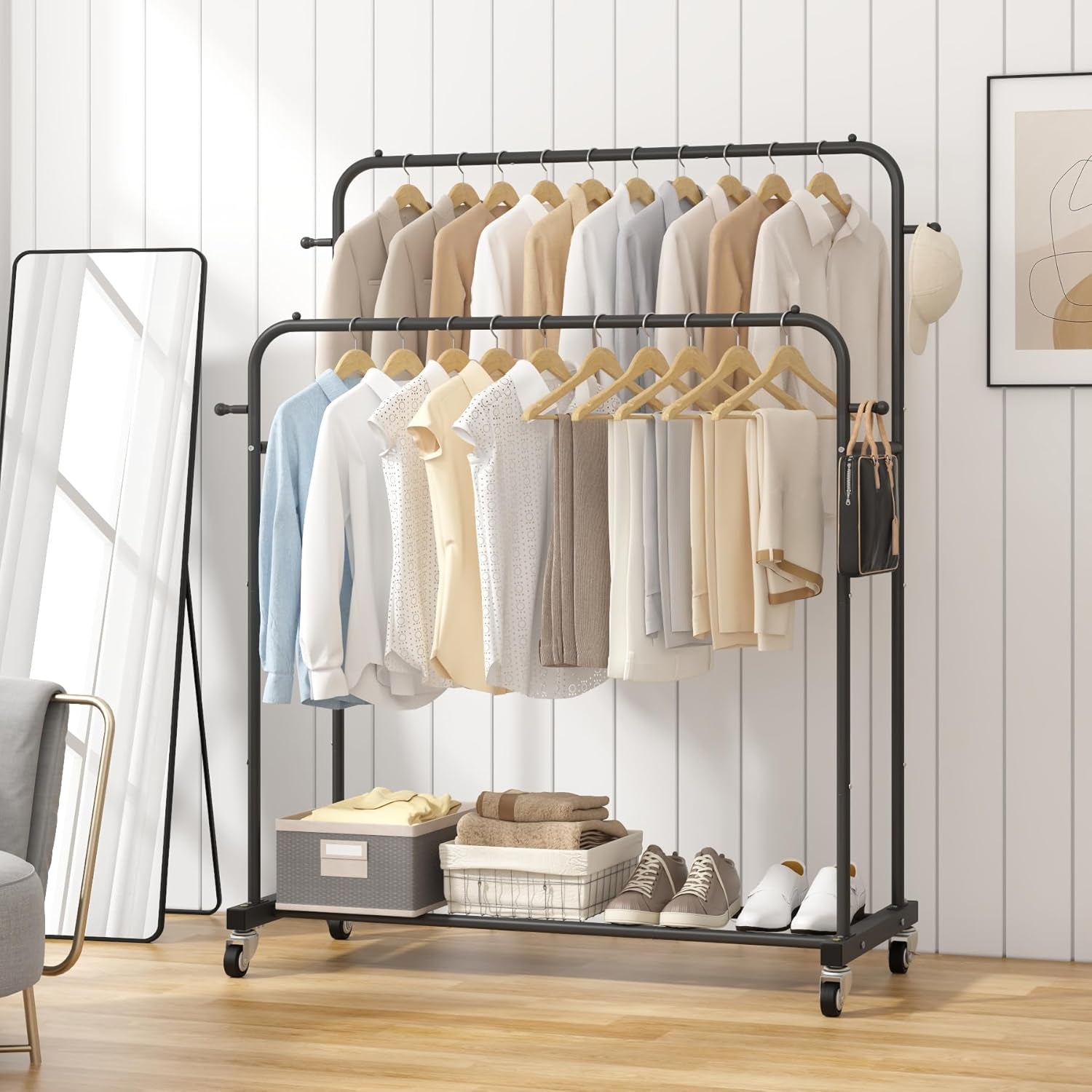 Double Rods Garment Rack with Wheels, Black, 4 Hooks, Multi-Functional Bedroom Clothes Rack, Portable, Modern, Metal, Require Assembly