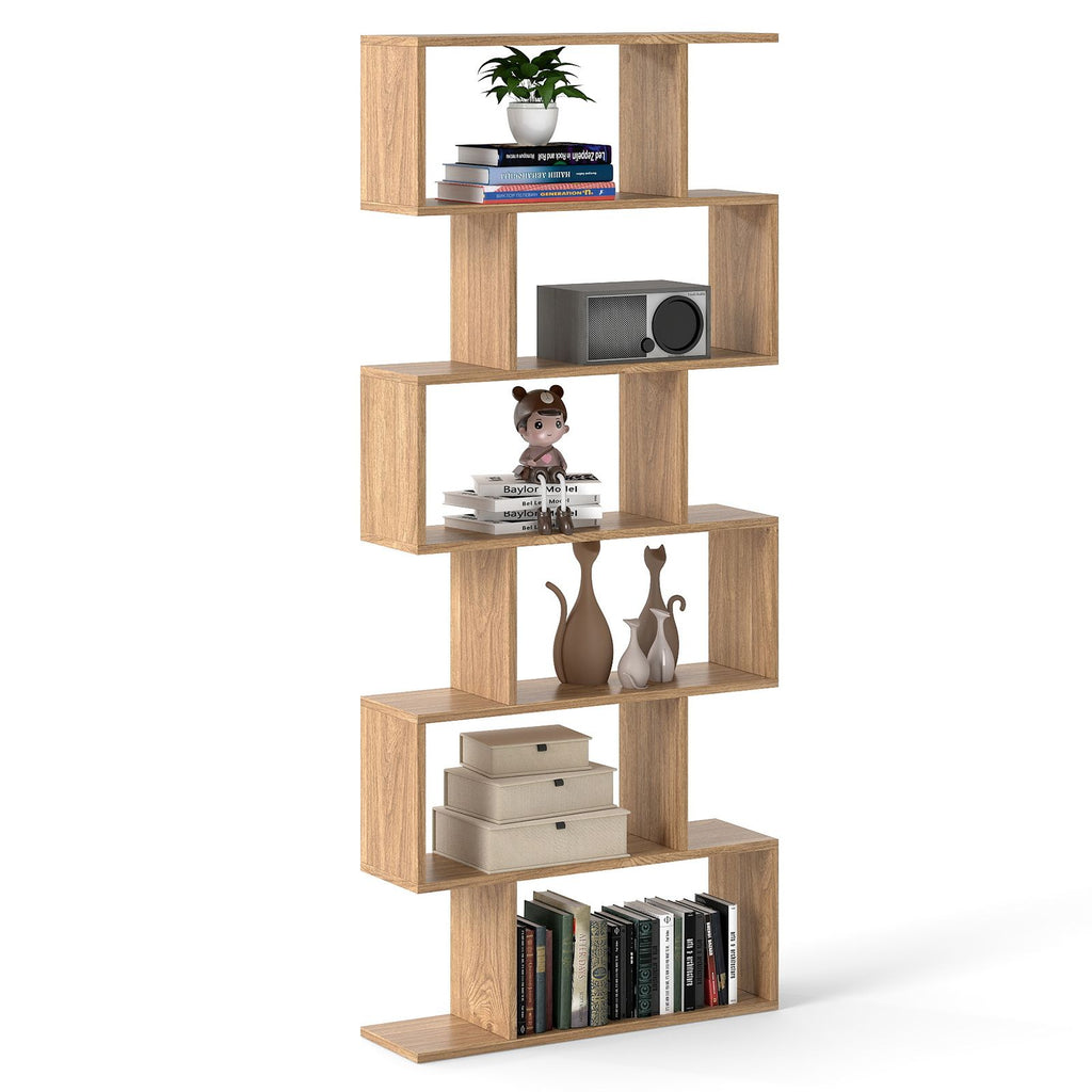 6-Tier S-Shaped Wooden Industrial Bookshelf