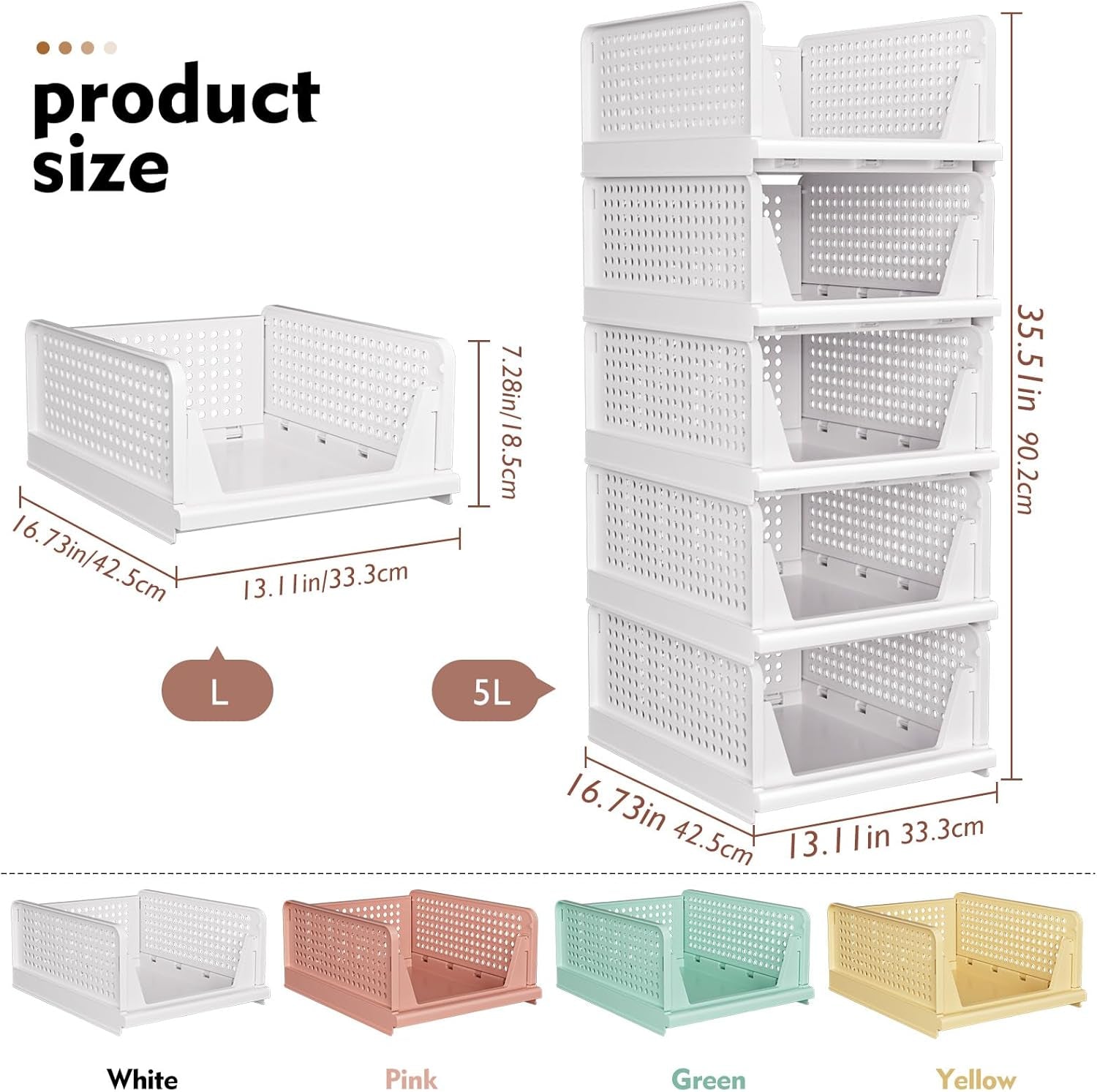 5 Pack Wardrobe Storage Organiser, Stackable & Foldable Closet Organisers for Bedroom Bathroom Laundry Room Wardrobe Storage, Space-Saving Clothes Storage Drawer Organiser Basket, White