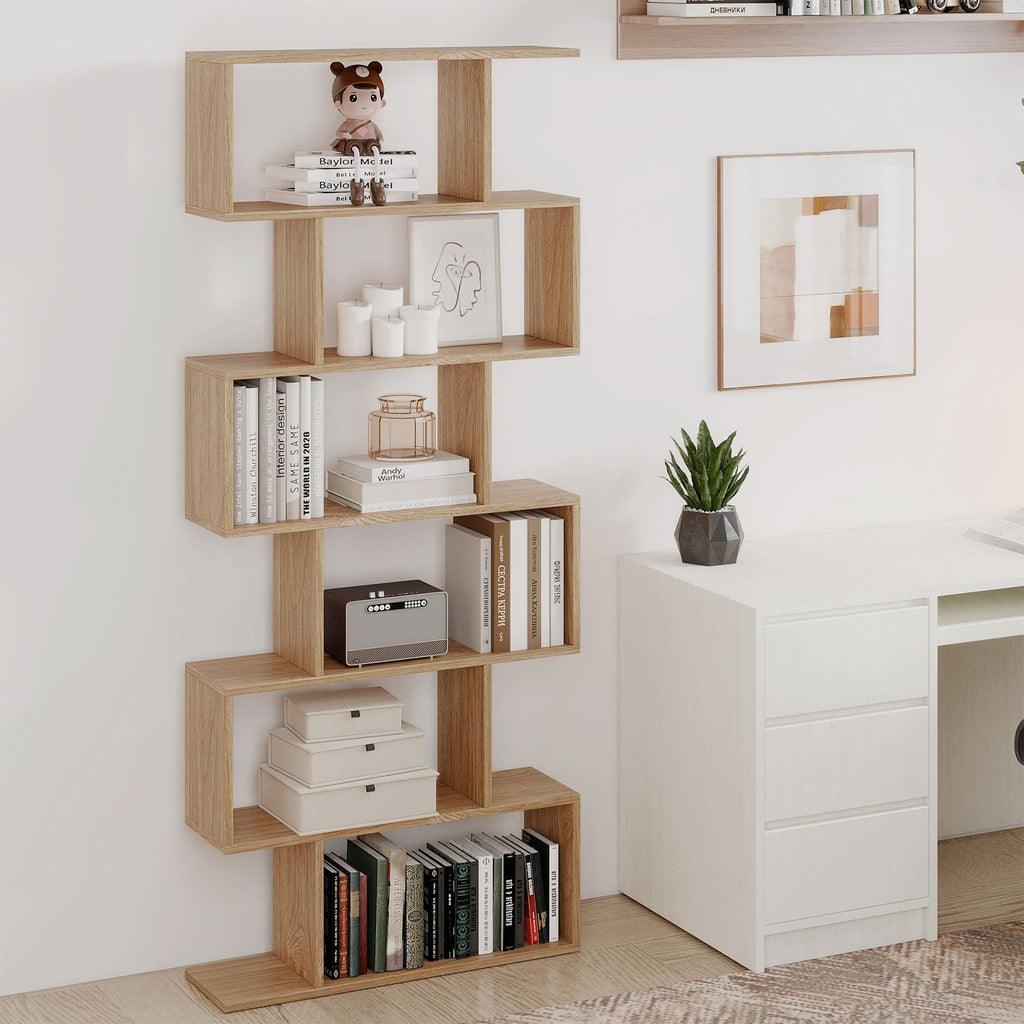 6-Tier S-Shaped Wooden Industrial Bookshelf