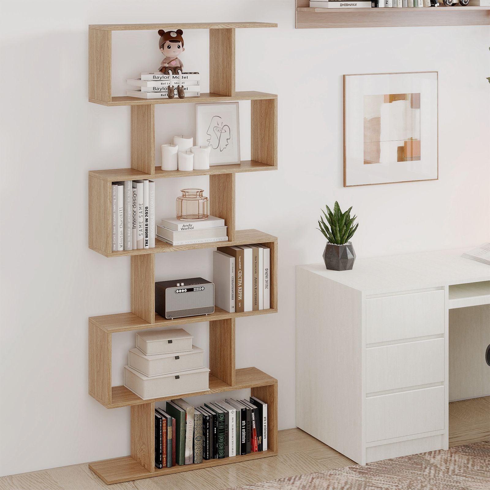 6-Tier S-Shaped Wooden Industrial Bookshelf