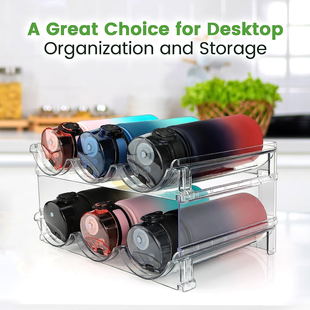 Water Bottle Organizer, 2 Packs, Clear Lucite, Stackable, Space Saving Plastic, Easy to Install, Countertop Mounting