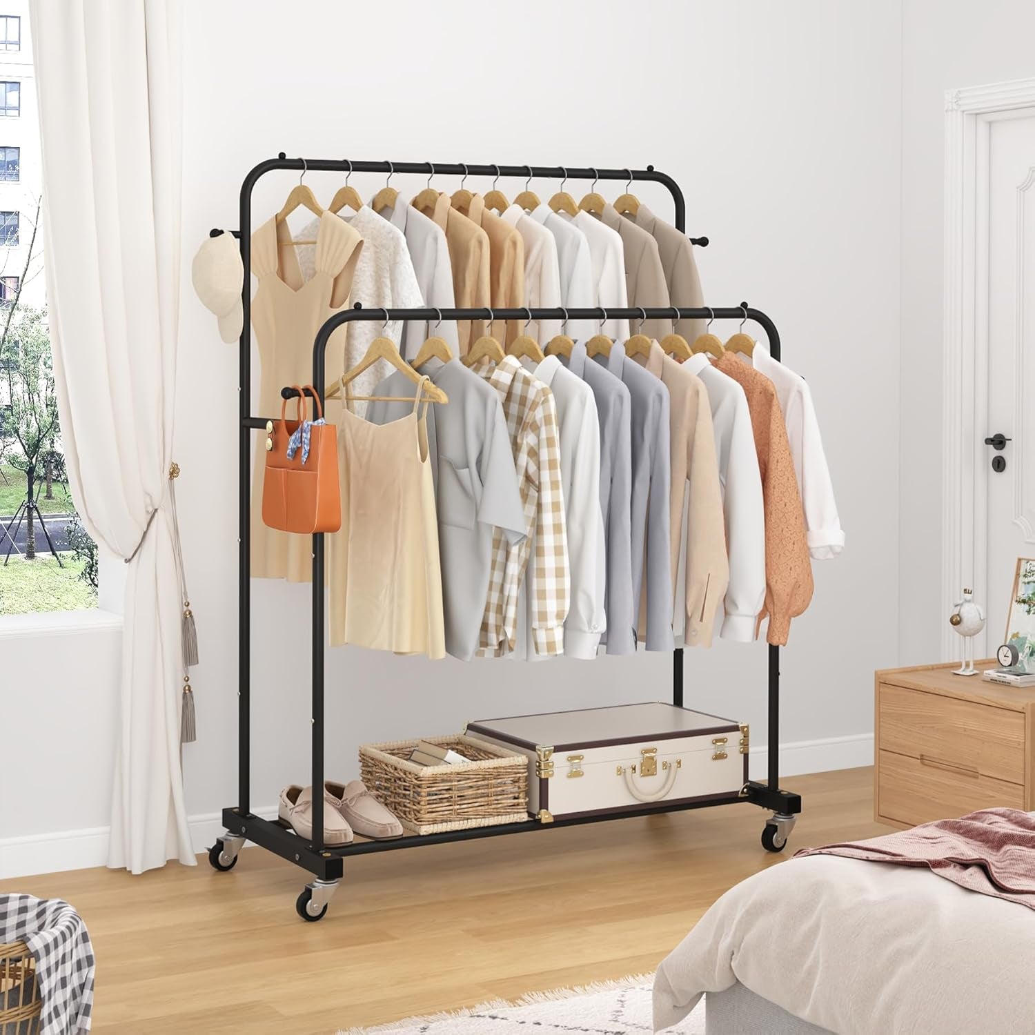 Double Rods Garment Rack with Wheels, Black, 4 Hooks, Multi-Functional Bedroom Clothes Rack, Portable, Modern, Metal, Require Assembly