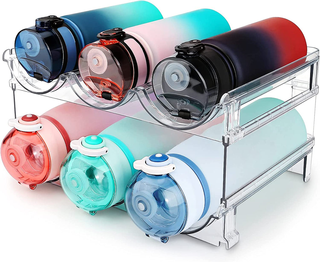 Water Bottle Organizer, 2 Packs, Clear Lucite, Stackable, Space Saving Plastic, Easy to Install, Countertop Mounting