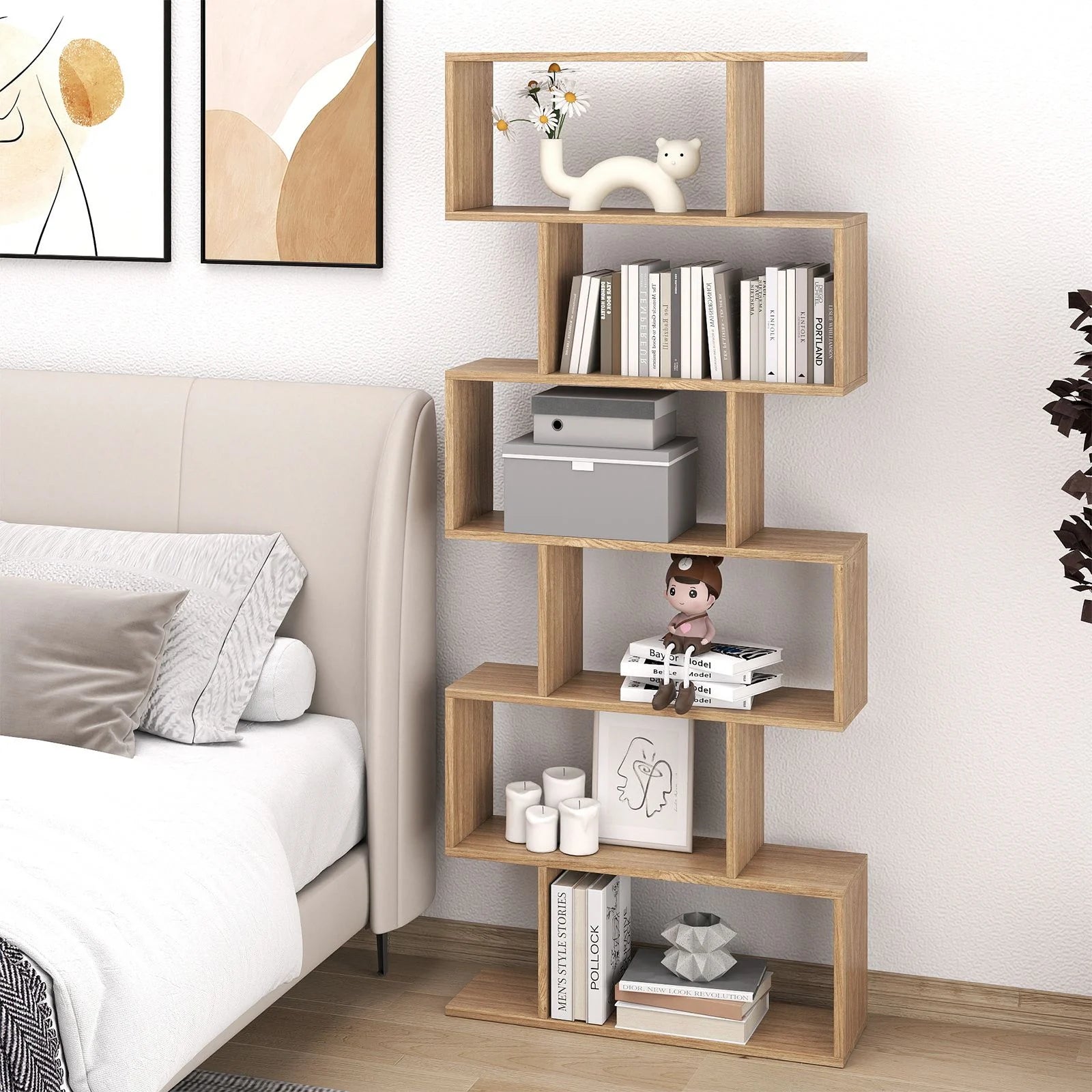 6-Tier S-Shaped Wooden Industrial Bookshelf