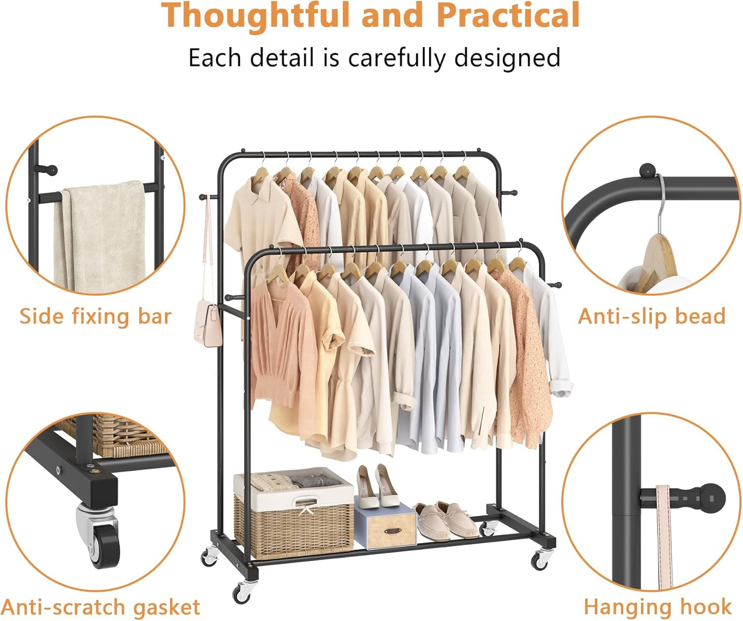 Double Rods Garment Rack with Wheels, Black, 4 Hooks, Multi-Functional Bedroom Clothes Rack, Portable, Modern, Metal, Require Assembly