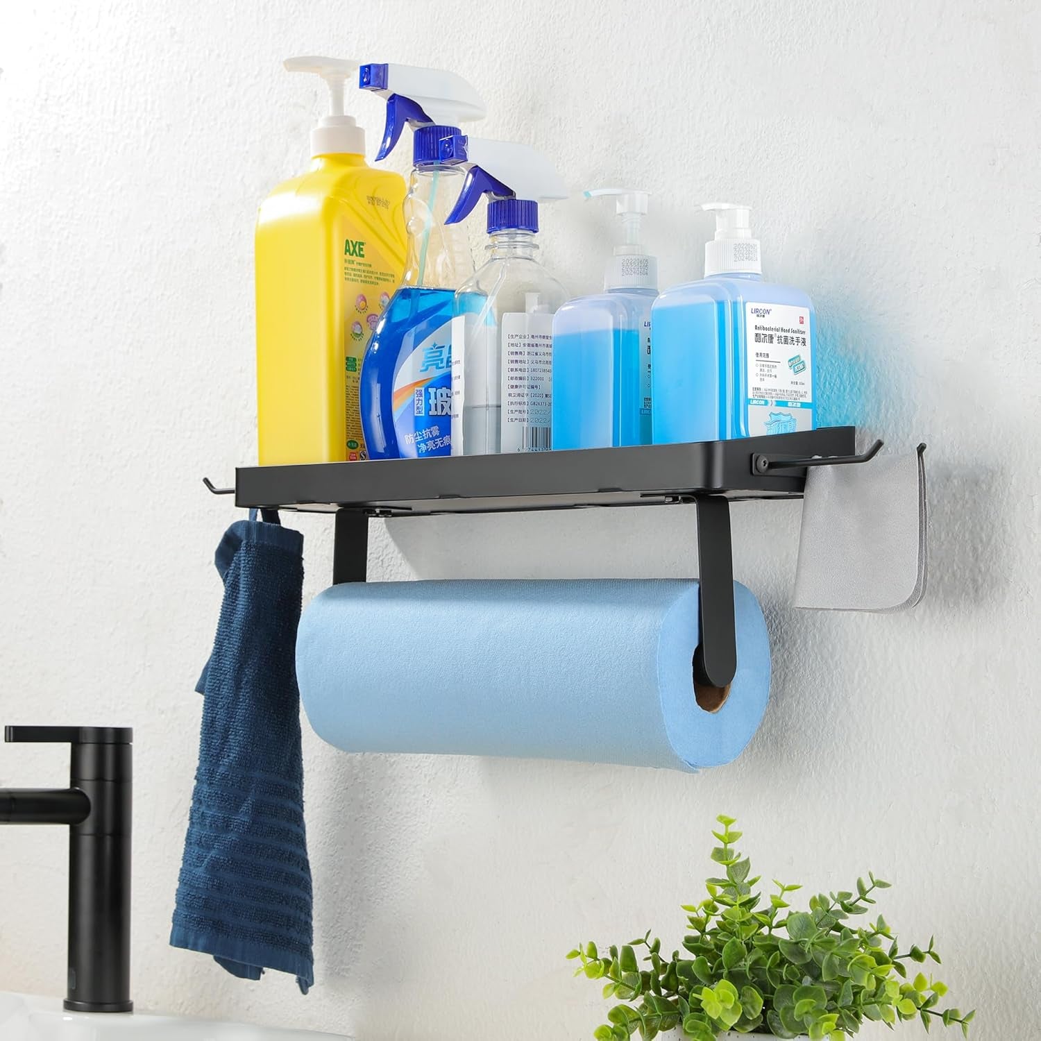 Garage Paper Towel Holder with Shelf - Paper Towel Holder Wall Mount, Garage Organization and Storage, Stainless Steel Paper Towel Rack with Hooks for Kitchen (Black)